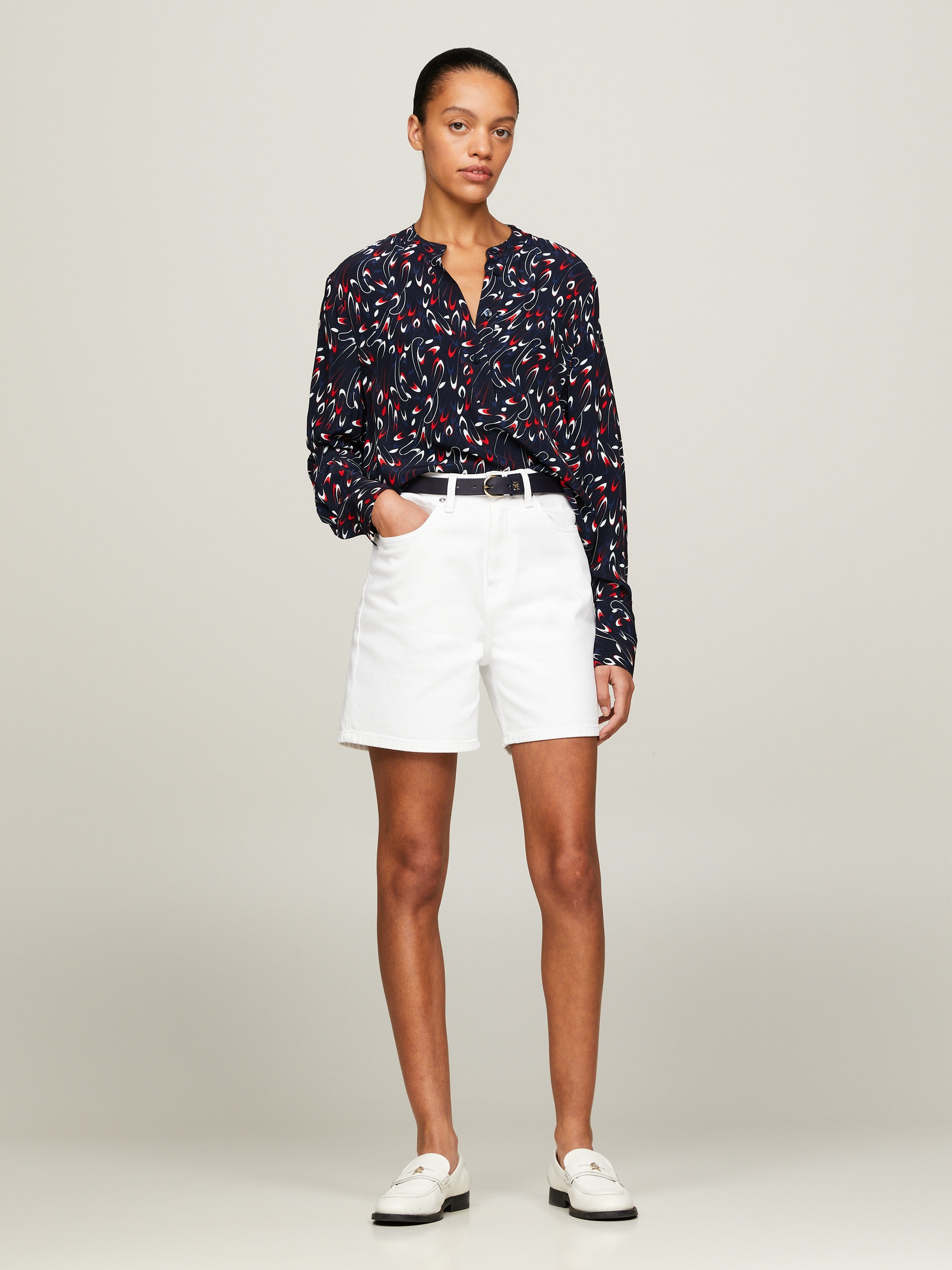 Tommy Hilfiger Langarmbluse »SMALL RIBBON COLLARLESS REG LS«, mit Allover- Muster