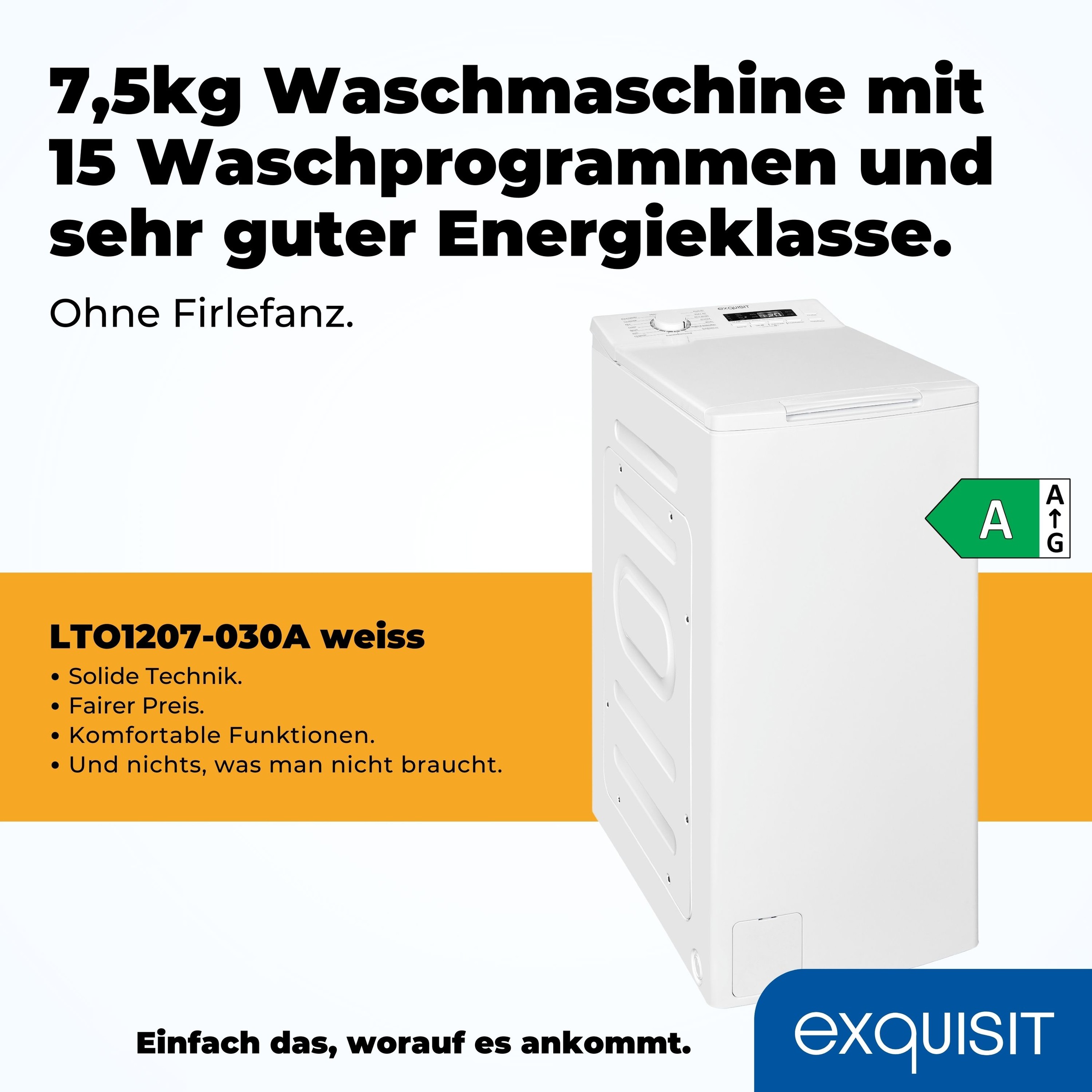 exquisit Waschmaschine »LTO1207-030Aweiss«, 7,5 kg, 15 Programme, Restlaufzeitanzeige, Kindersicheruing