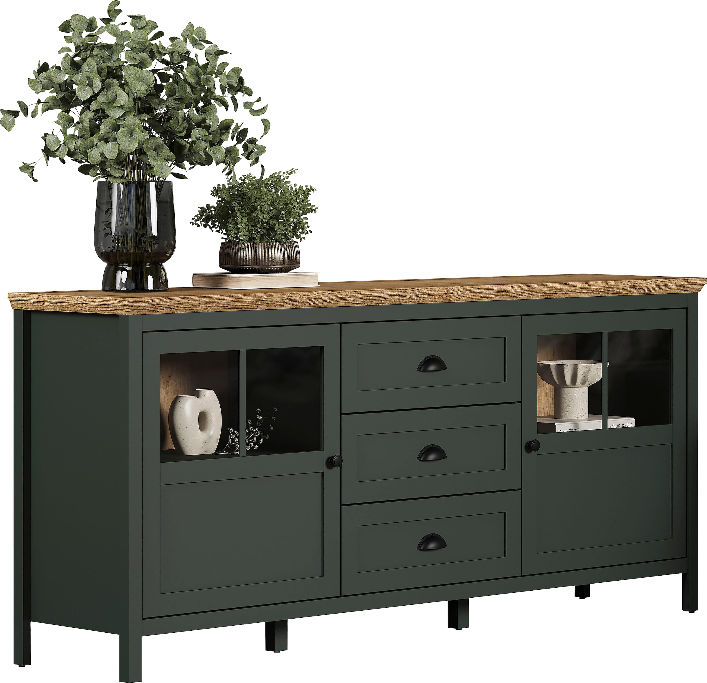 Home affaire Sideboard »Vienna«, (1 St.), Kommode im Landhausstil - Beleuchtung, Glastüren - B/T/H 185/45/86 cm