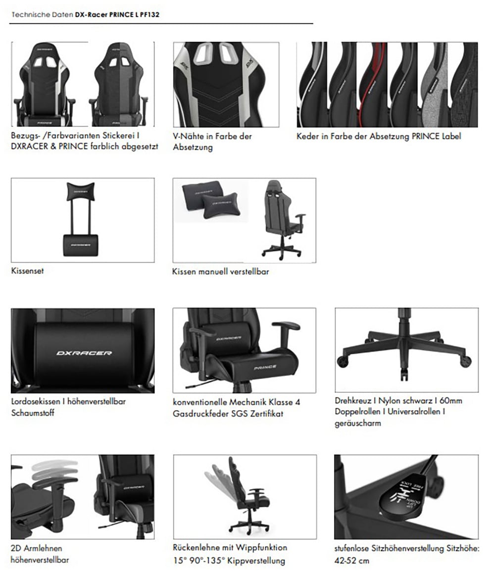 MCA furniture Gaming-Stuhl »DX Racer Prince Gamingchair« (Set) 1 Stk.Gaming,Racing,Design,Lordose,Kissen,Armlehne,drehbar,verstellbar