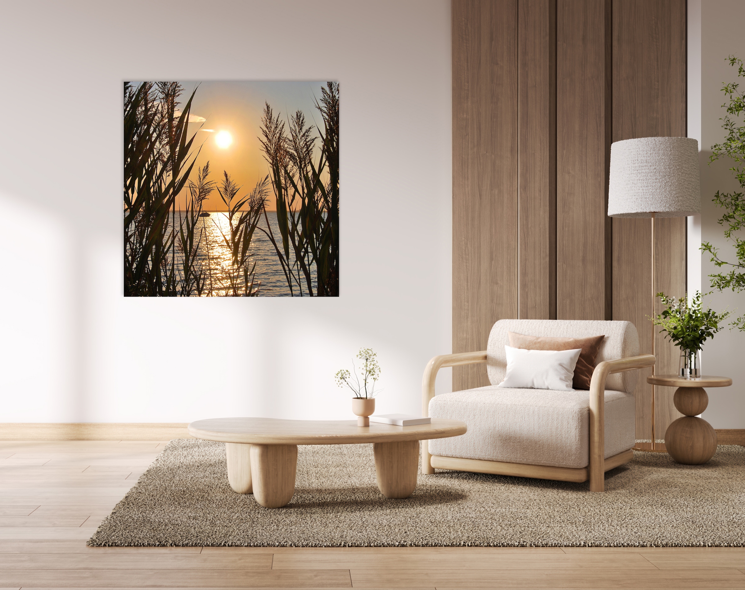 queence Acrylglasbild »Gräser am Wasser mit Sonne« 1 Stk. tlg. mit schwebender 3D Tiefenwirkung, dank der rahmenlosen Befestigung