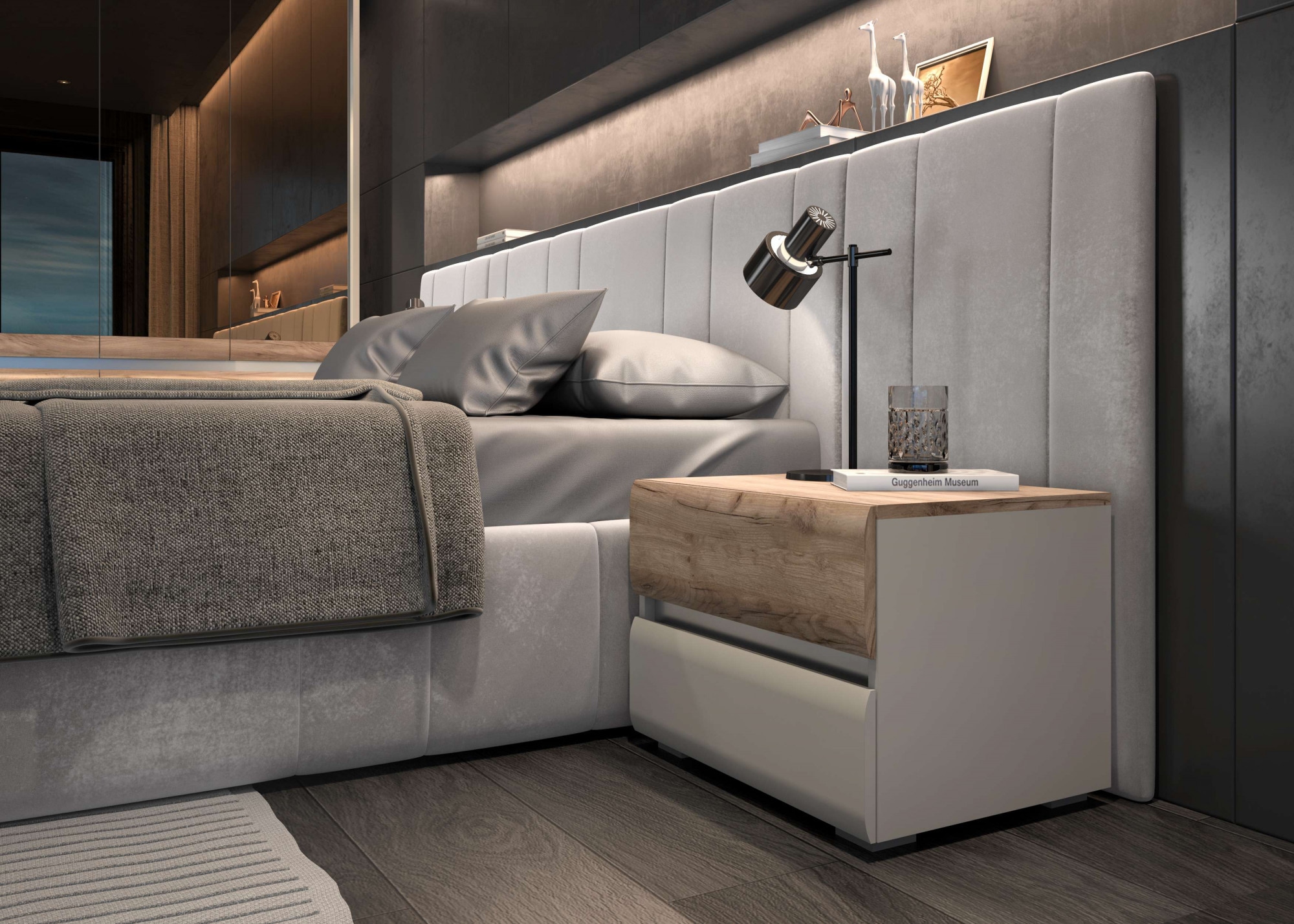 Places of Style Nachtkommode »Invictus, UV lackiert (matt), mit Soft-Close-Funktion, grifflos«, (Trendfarbe cashmere kombiniert mit Eicheoptik), 2 Schubladen, 60/45/45cm (B/T/H), FSC-zertifiziert