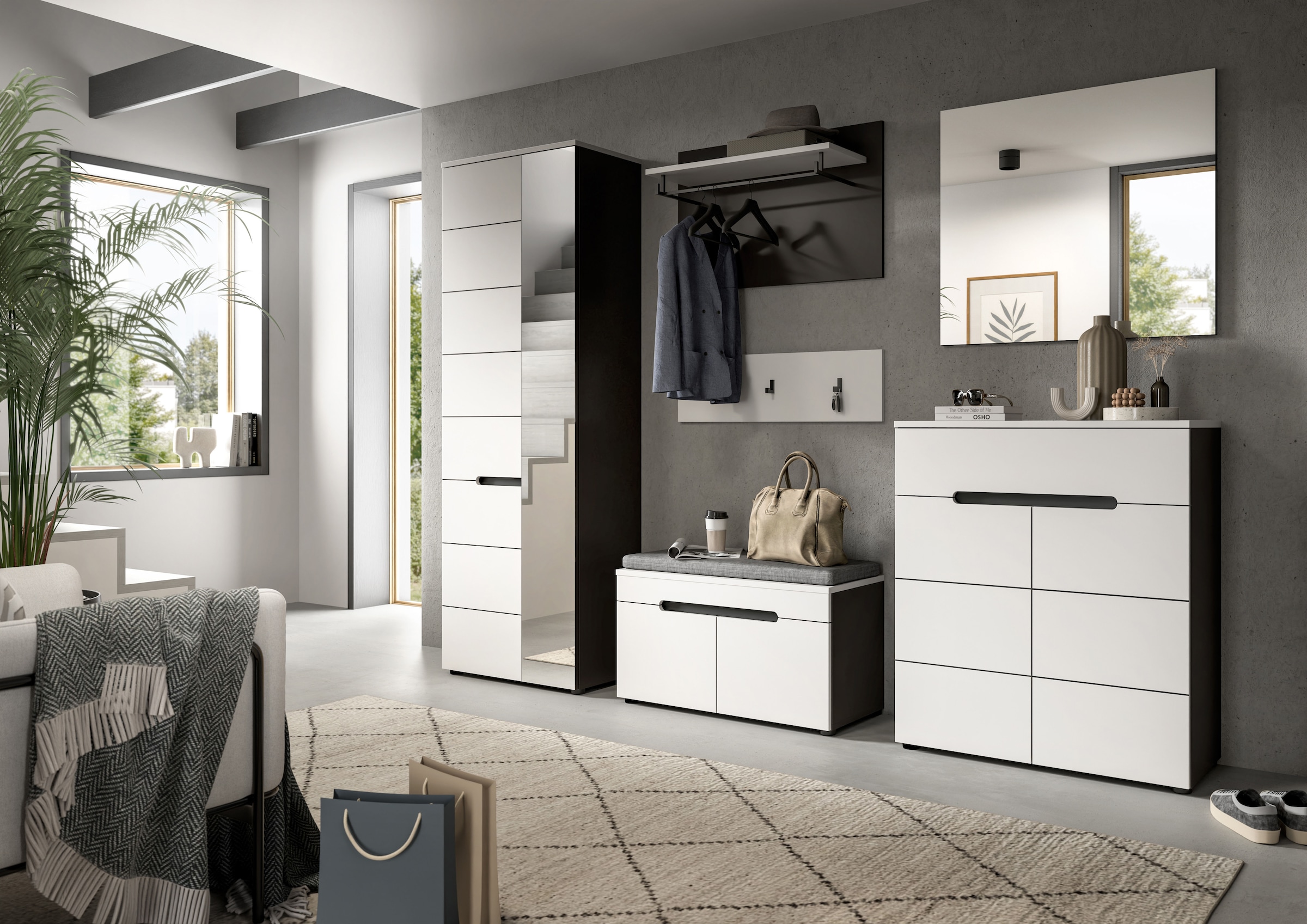 Home affaire Garderoben-Set »REHAT, TOPSELLER!, 6-teilig, Breite 255 cm, individuell erweiterbar« Set, Schrank, Sitzbank, Sitzkissen, Paneel, Hakenleiste, Spiegel, Kommode, 6 Stk. tlg.