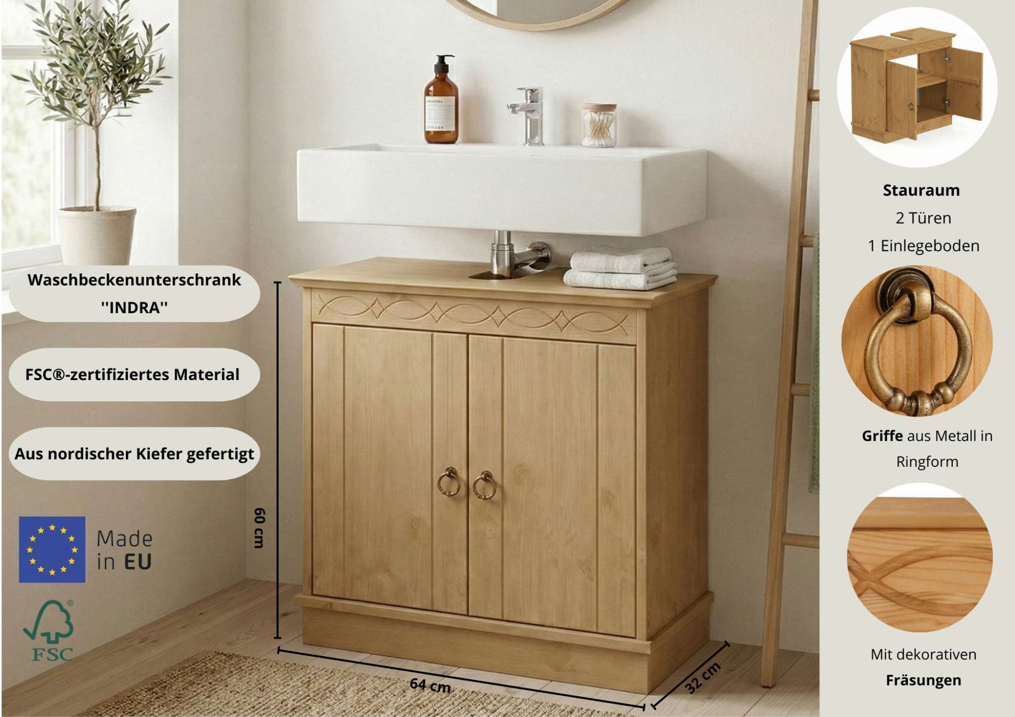 OTTO home Waschbeckenunterschrank »Indra, Badschrank, Badmöbel, Badezimmerschrank« B/T/H: 64/32/66 cm,  aus massiver Kiefer, 2 Türen,  FSC®-zertifiziert