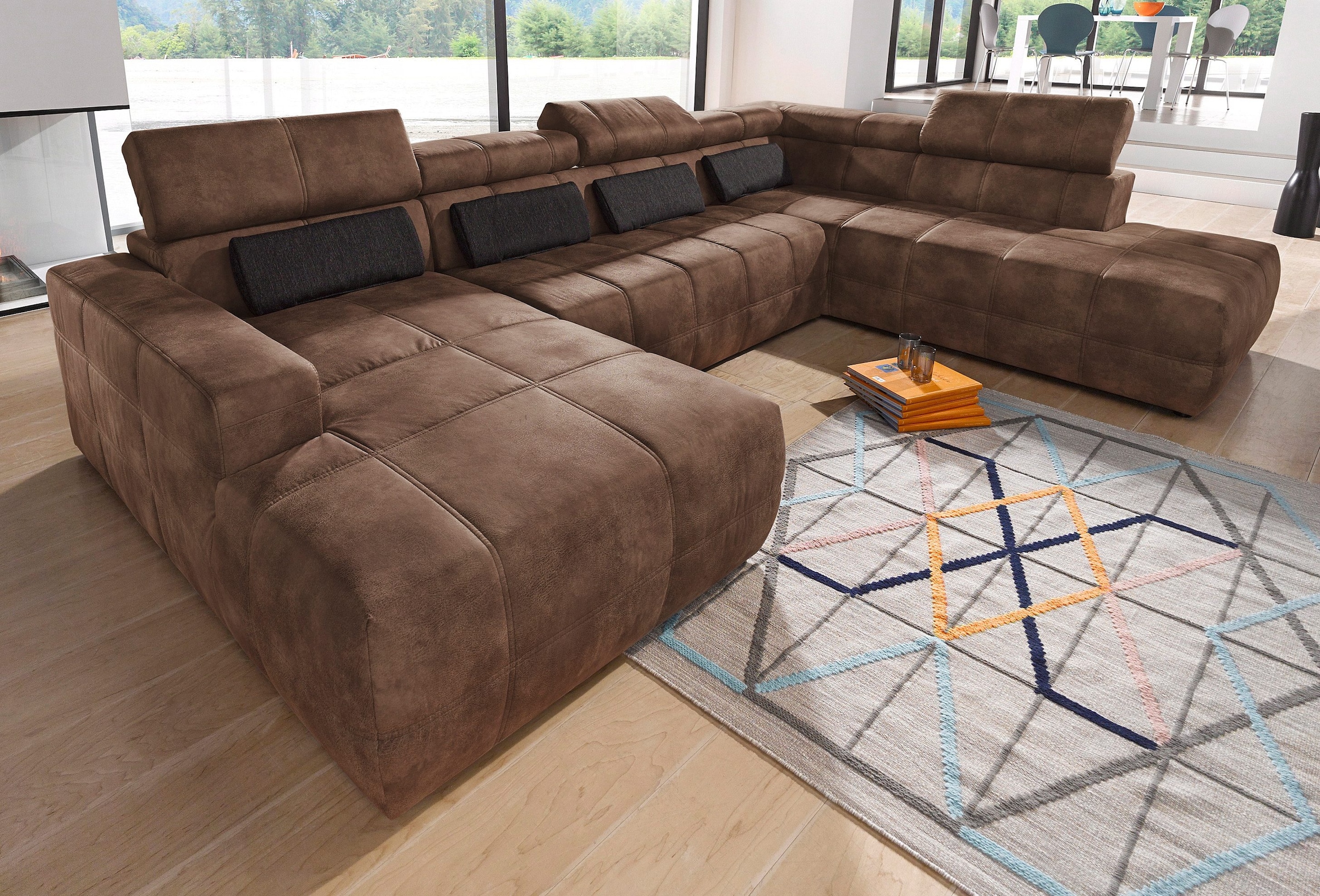 DOMO collection Wohnlandschaft »Brandon, belastbar bis 140kg/ Sitz, B/T: 359/228 cm, U-Form«, ohne Sitztiefenverstellung, Luxus-Microfaser in Lederoptik, braun