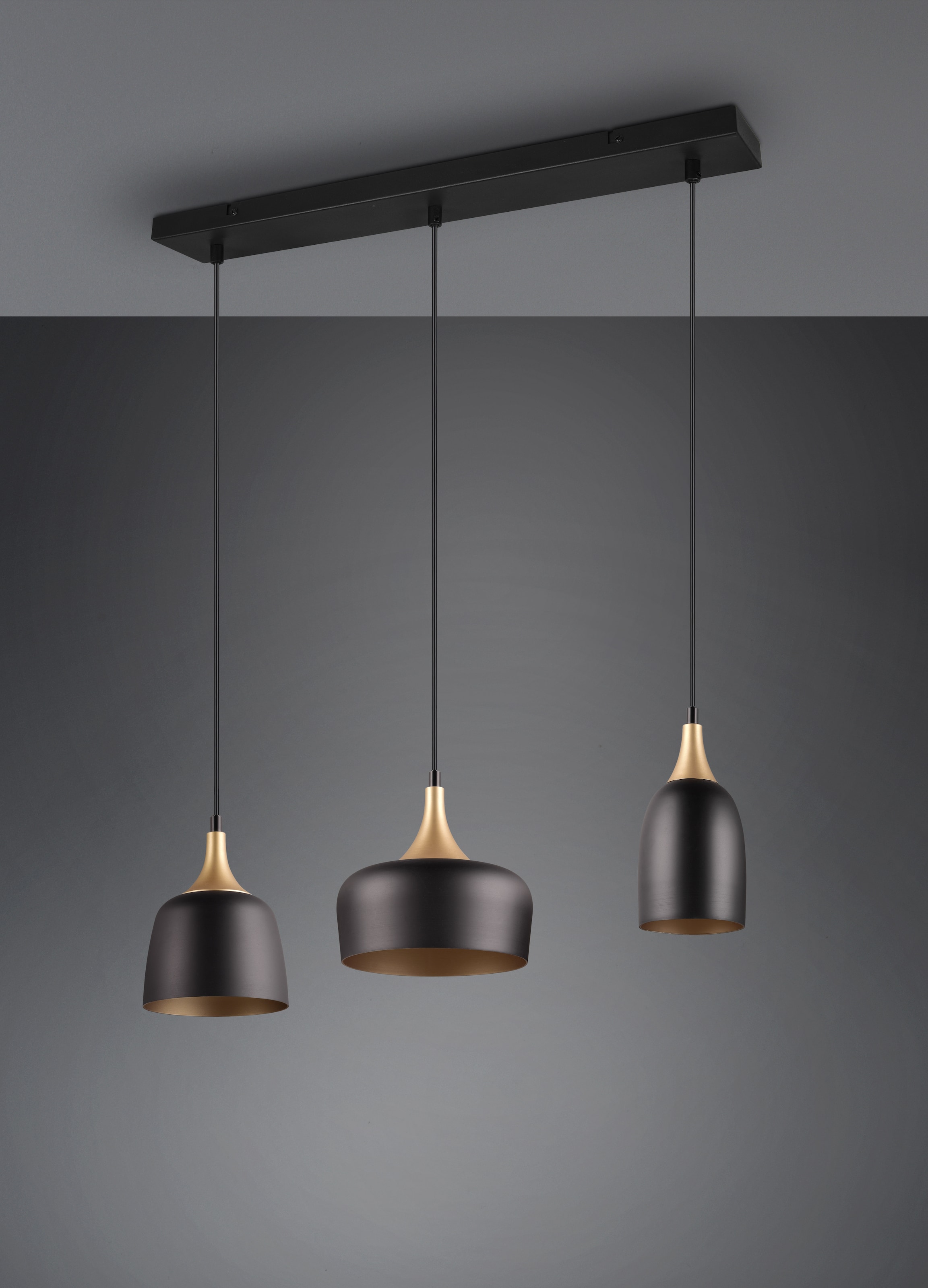 TRIO Leuchten Pendelleuchte »CHIRAZ, Hängeleuchte 3-flammig schwarz messing gold max 150cm Höhe«, 3 flammig, Leuchtmittel E14 | Leuchtmittel wechselbar, Hängelampe exkl 3x E14 max 25W, Industrie Loft Stil 3 Schirmformen