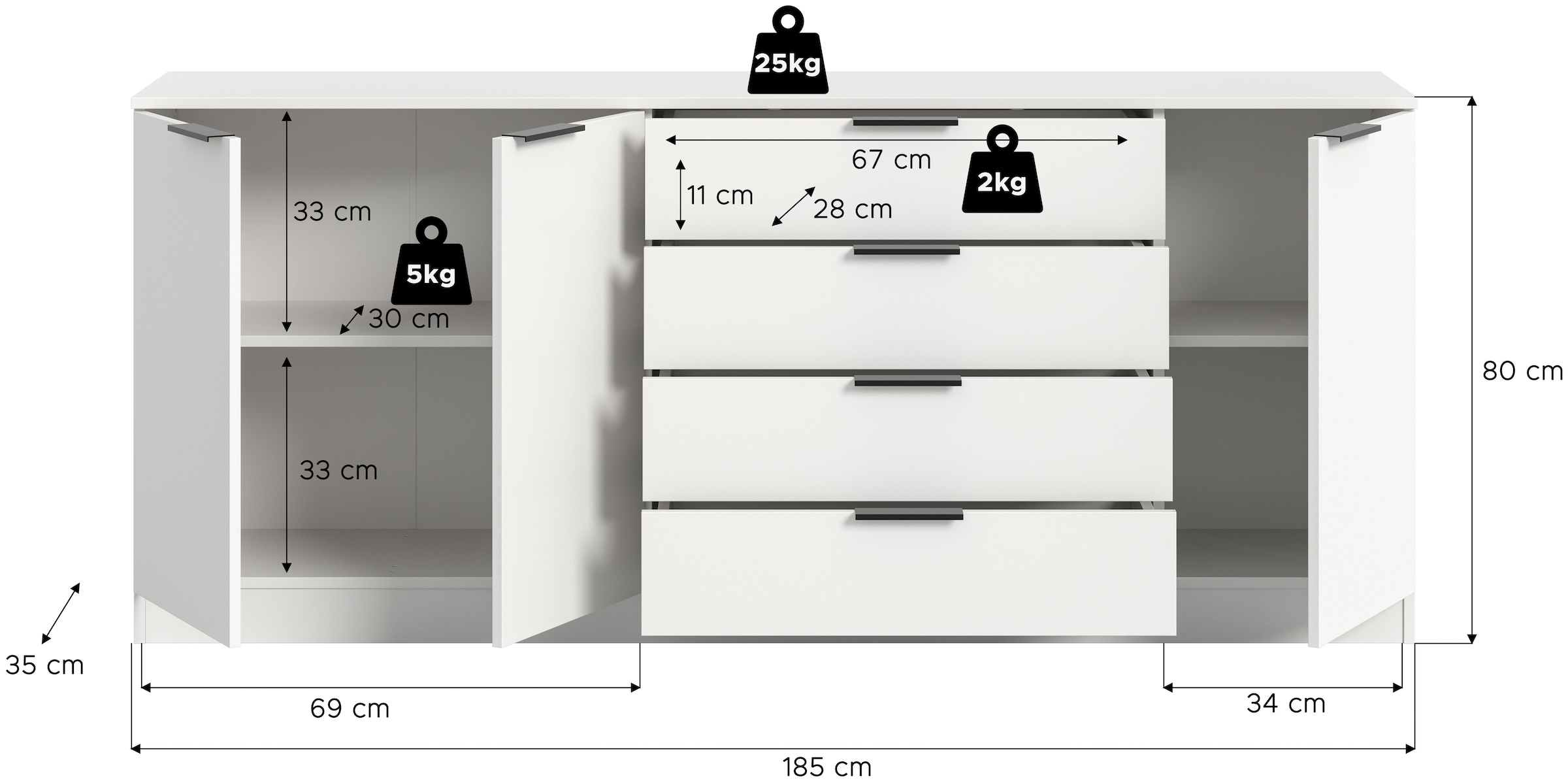 Home affaire Sideboard »SKARDE, Breite 185 cm, 4 Schubkästen, 3 Türen, viel Stauraum« in verschiedenen Farben und Breiten erhältlich, individuell einsetzbar,  Kommode, Anrichte, Schubkastenkommode, Schuhschrank, Schrank
