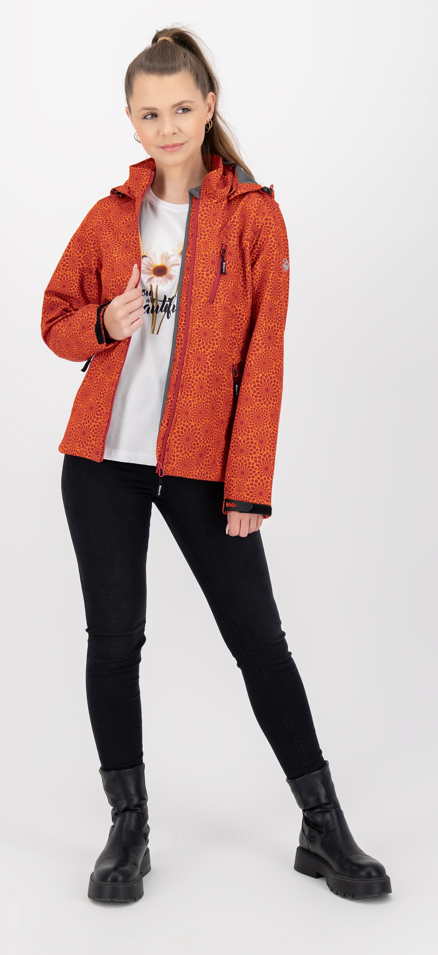 DEPROC Active Softshelljacke »SHELBY PEAK DC«, leichte Softshelljacke mit All-Over-Print und abnehmbarer Kapuze