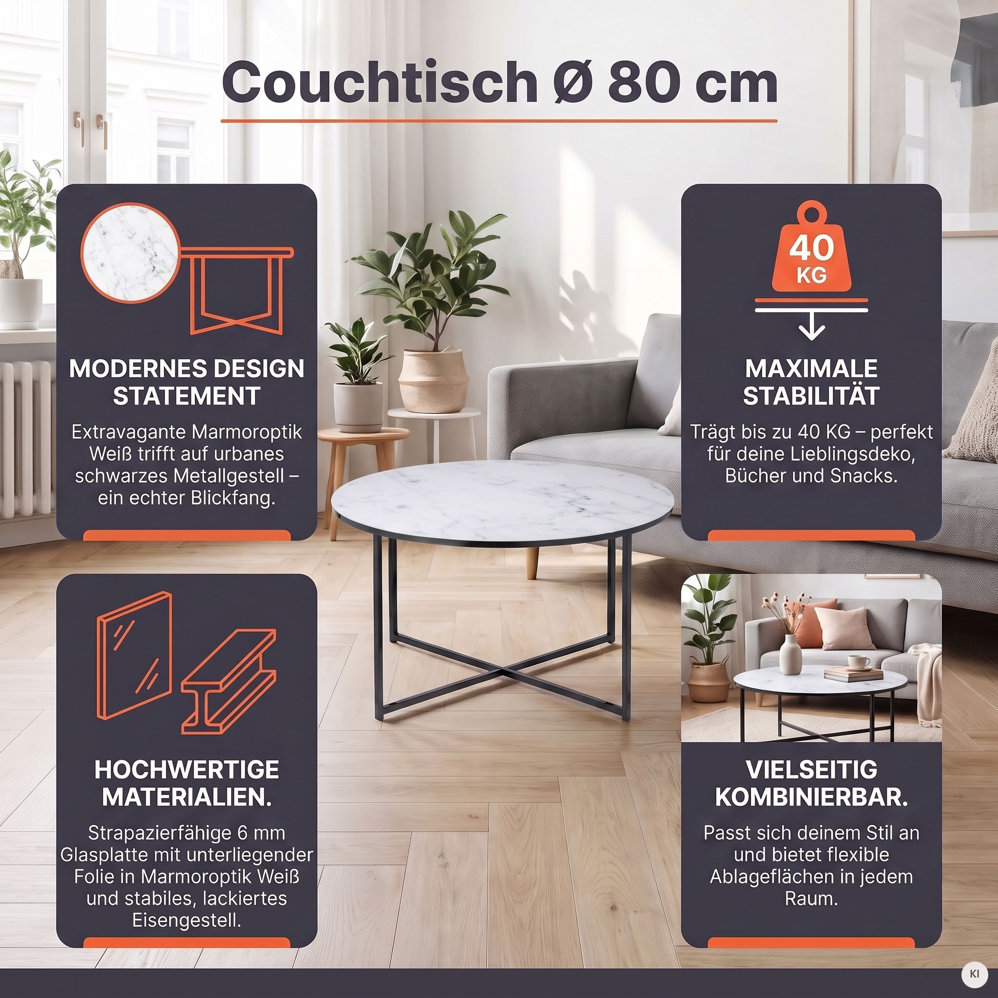SalesFever Couchtisch »Caorle Coffeetable im eleganten Stil« Elegantes Design mit Marmoroptik-Tischplatte