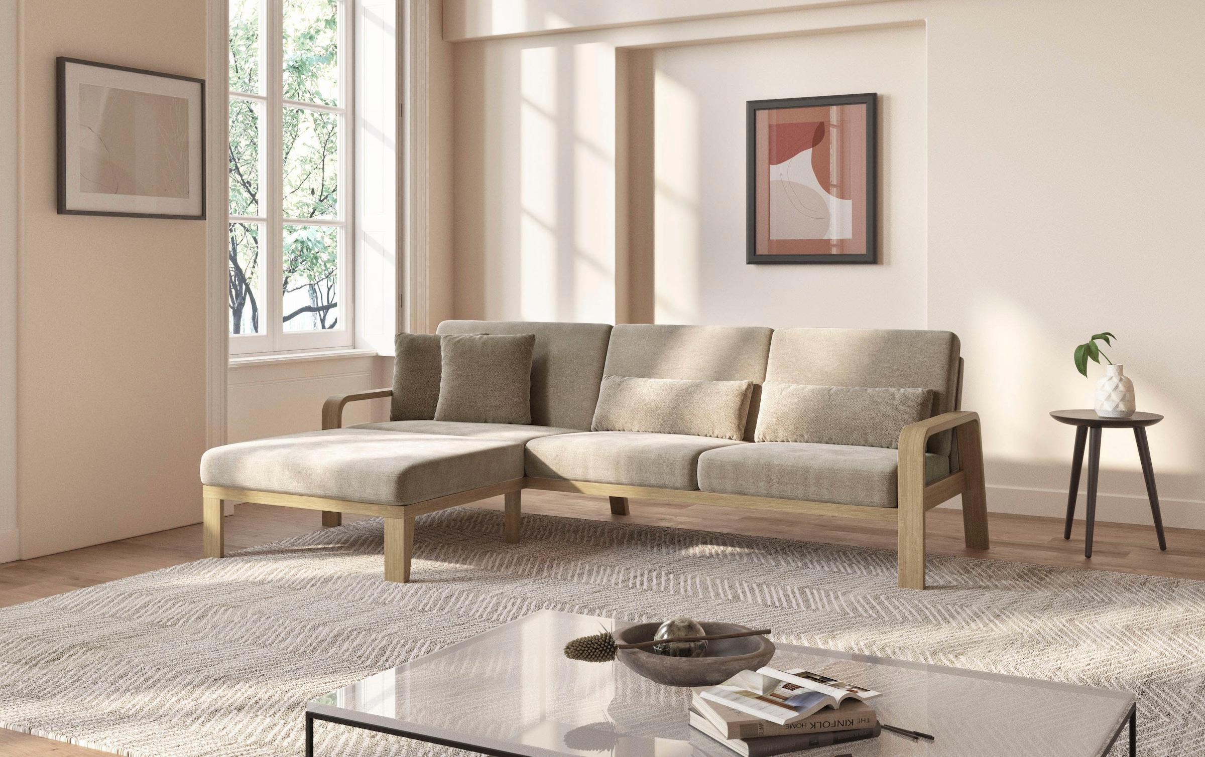 sit&more Ecksofa »Kolding L-Form«, Armlehnen aus Buchenholz in natur, verschiedene Bezüge und Farben