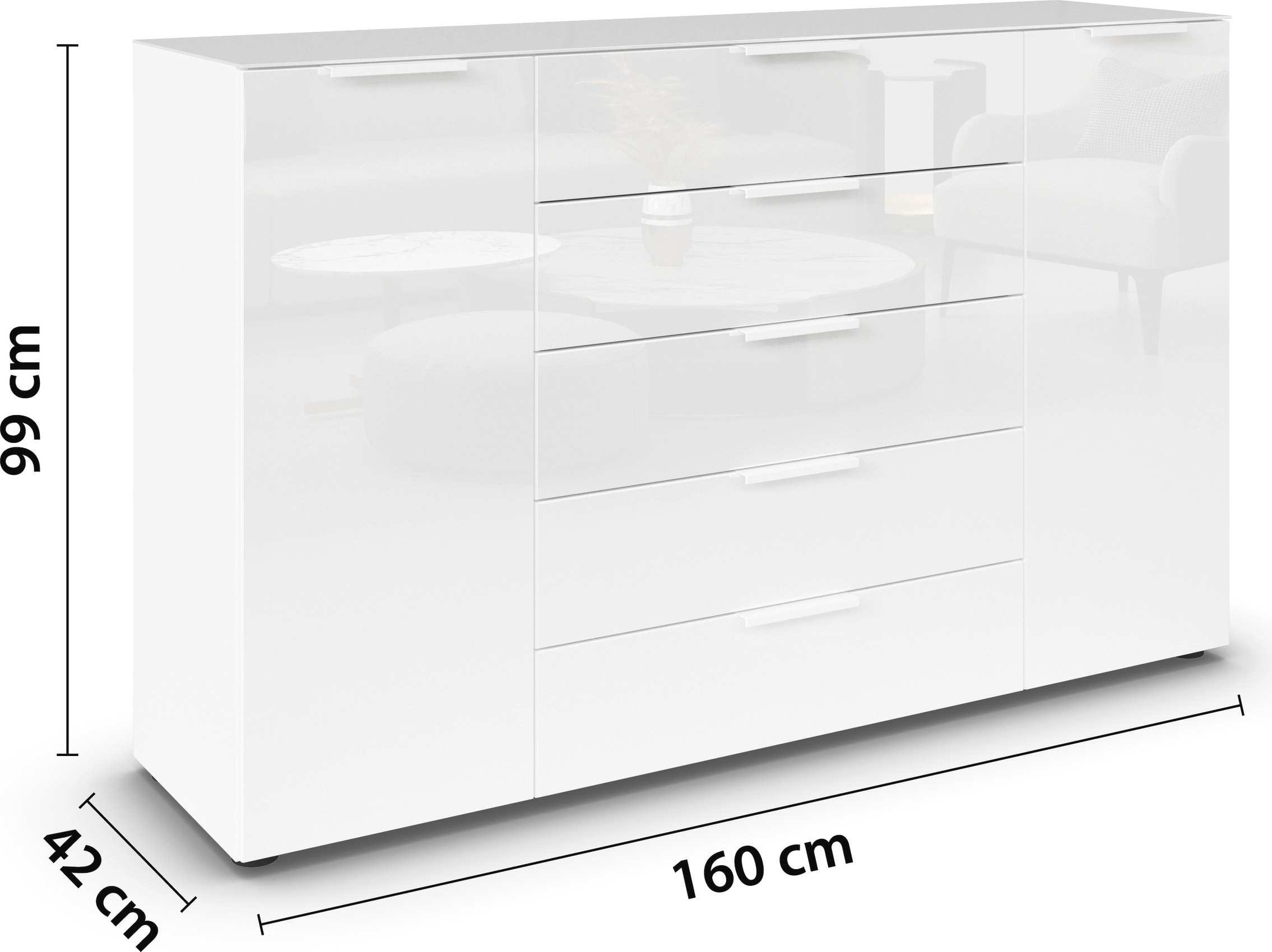 rauch Schubkastenkommode »Kommode Türkommode Sideboard Kombikommode FLIPP mit Glasfront« Breite 160/180 cm mit 4 Einlegeböden,  2-türig, 5 Schubladen, Soft-Close, Oberboden und Front Glas, 2 Breiten