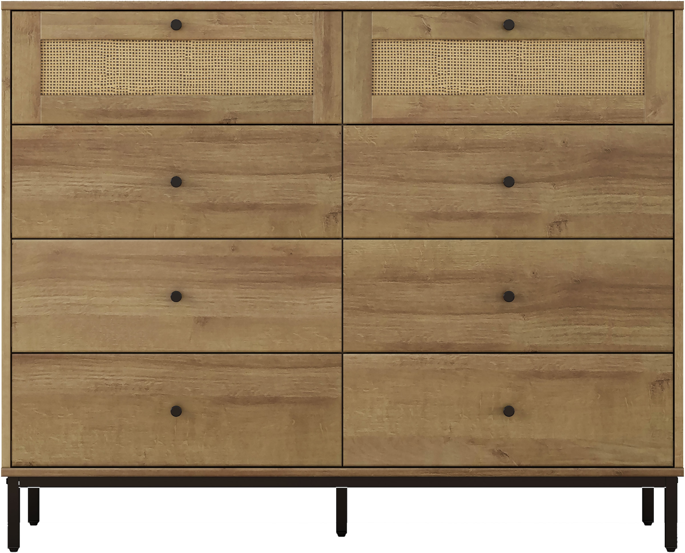 OTTO home Kombikommode »Motala Wäsche Schrank mit 8 Schubladen Sideboard BOHO Design« Eichen-Design mit schwarzen Griffen und Geflecht Schubladen,  Kommode Schrank Wäscheschrank mit 8 Schubladen