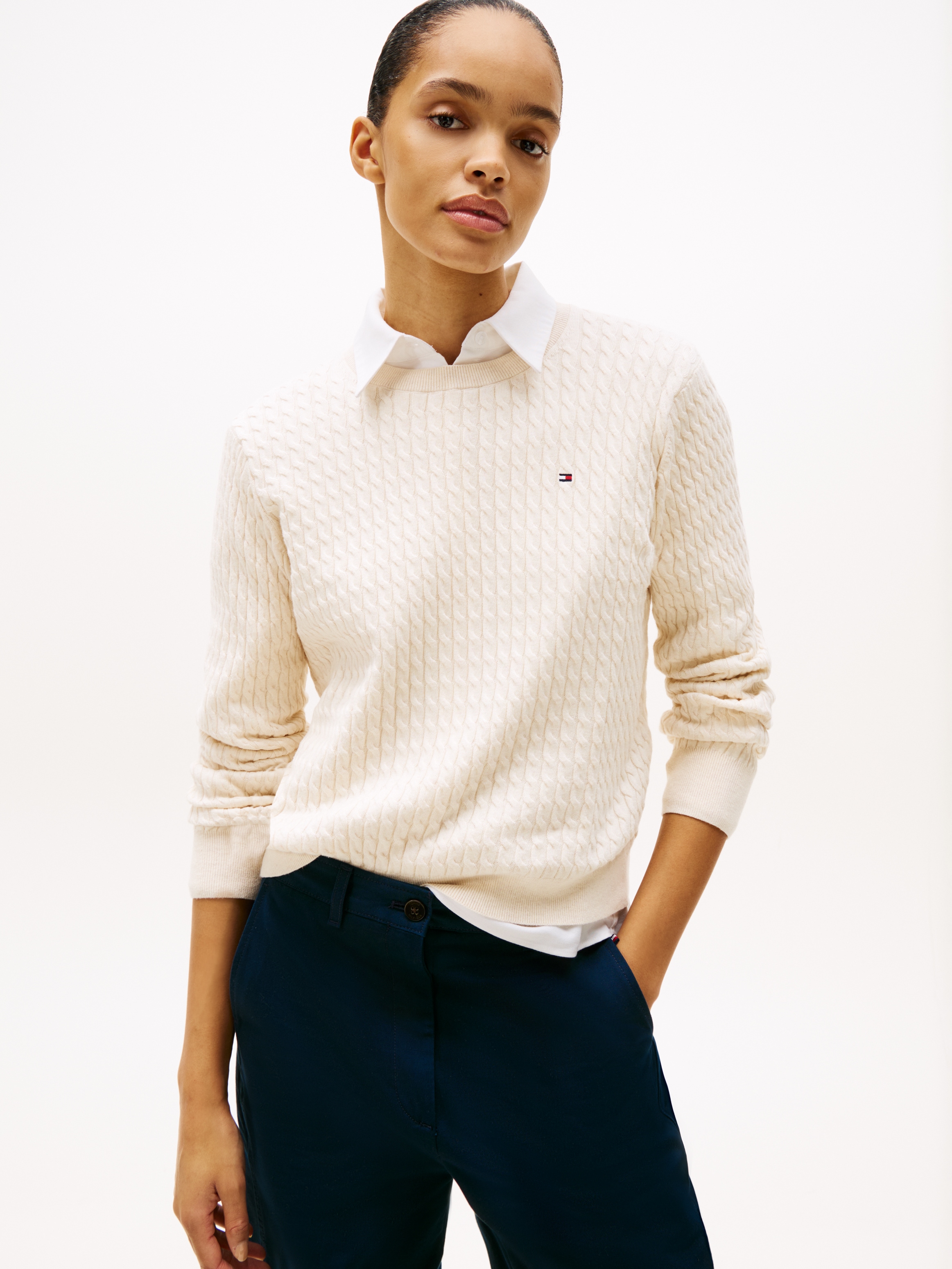 Tommy Hilfiger Rundhalspullover »CO CABLE C-NK LS SWEATER« Baumwolle, mit Zopfmuster, Regular Fit