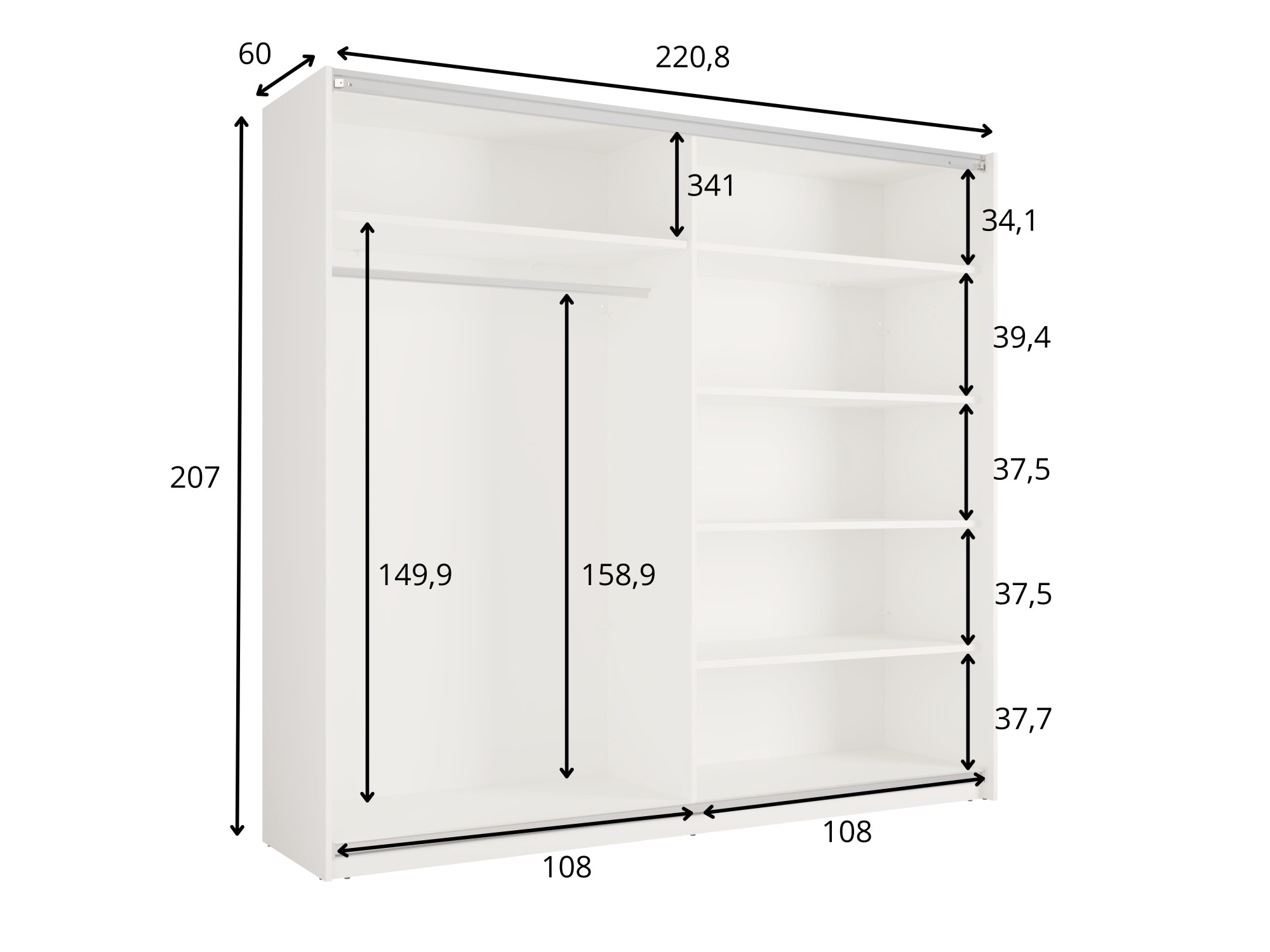 Home affaire Kleiderschrank »LISELOTTE mit Spiegel, wahlweise mit Beleuchtung, Breite 221 cm« Garderobe mit 2 Schwebetüren, weiß oder cashmere, B/H/T: 221×207×60 cm