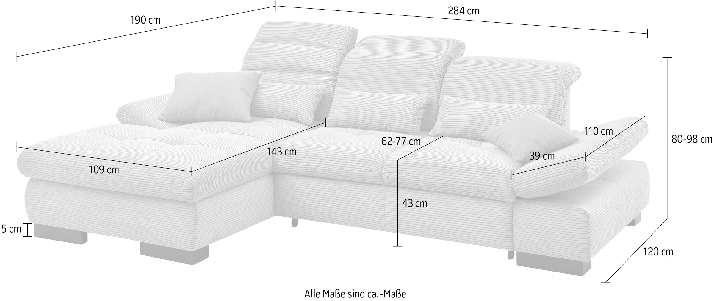 set one by Musterring Ecksofa »SO4100 V«, mit verstellbaren Kopfteilen, wahlweise mit Funktionen, Cord-Bezug