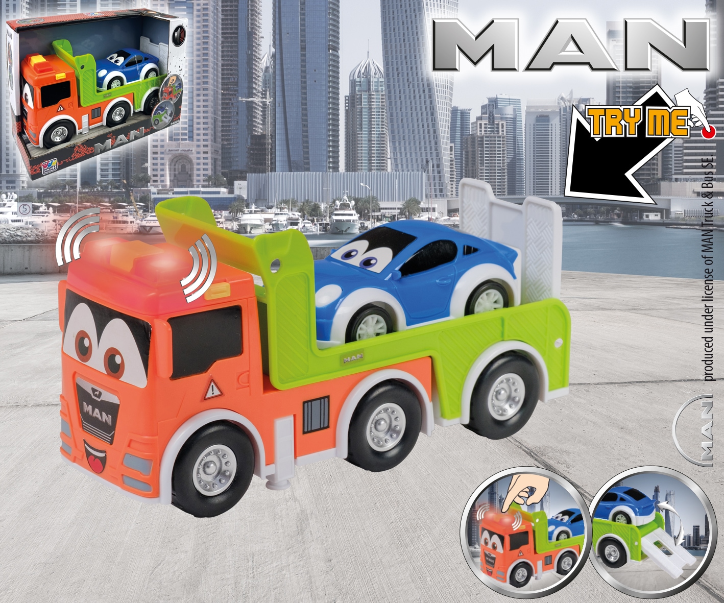 Happy People Spielzeug-LKW »MAN KIDS Autotransporter mit PKW« mit Licht und Sound