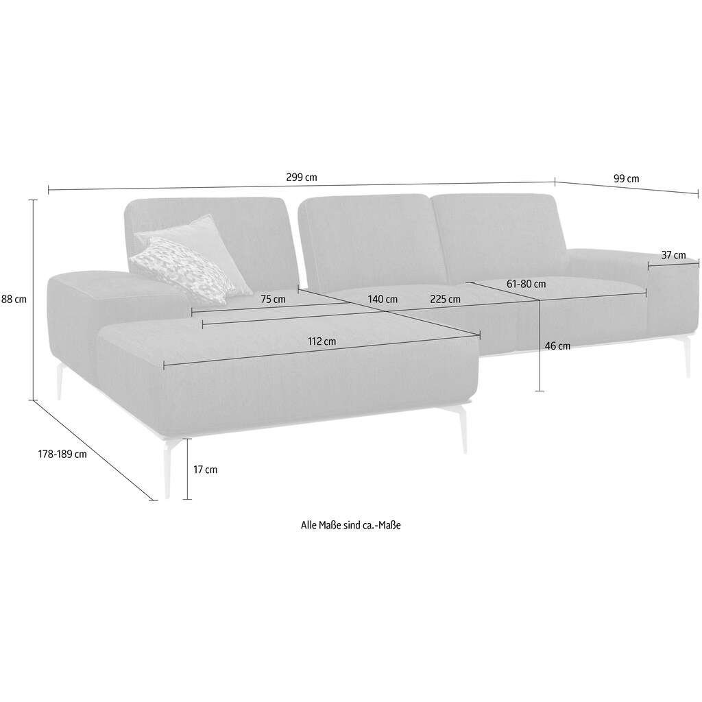 W.SCHILLIG Ecksofa »run«, mit elegantem Holzsockel, Füße in Silber matt, Breite 299 cm