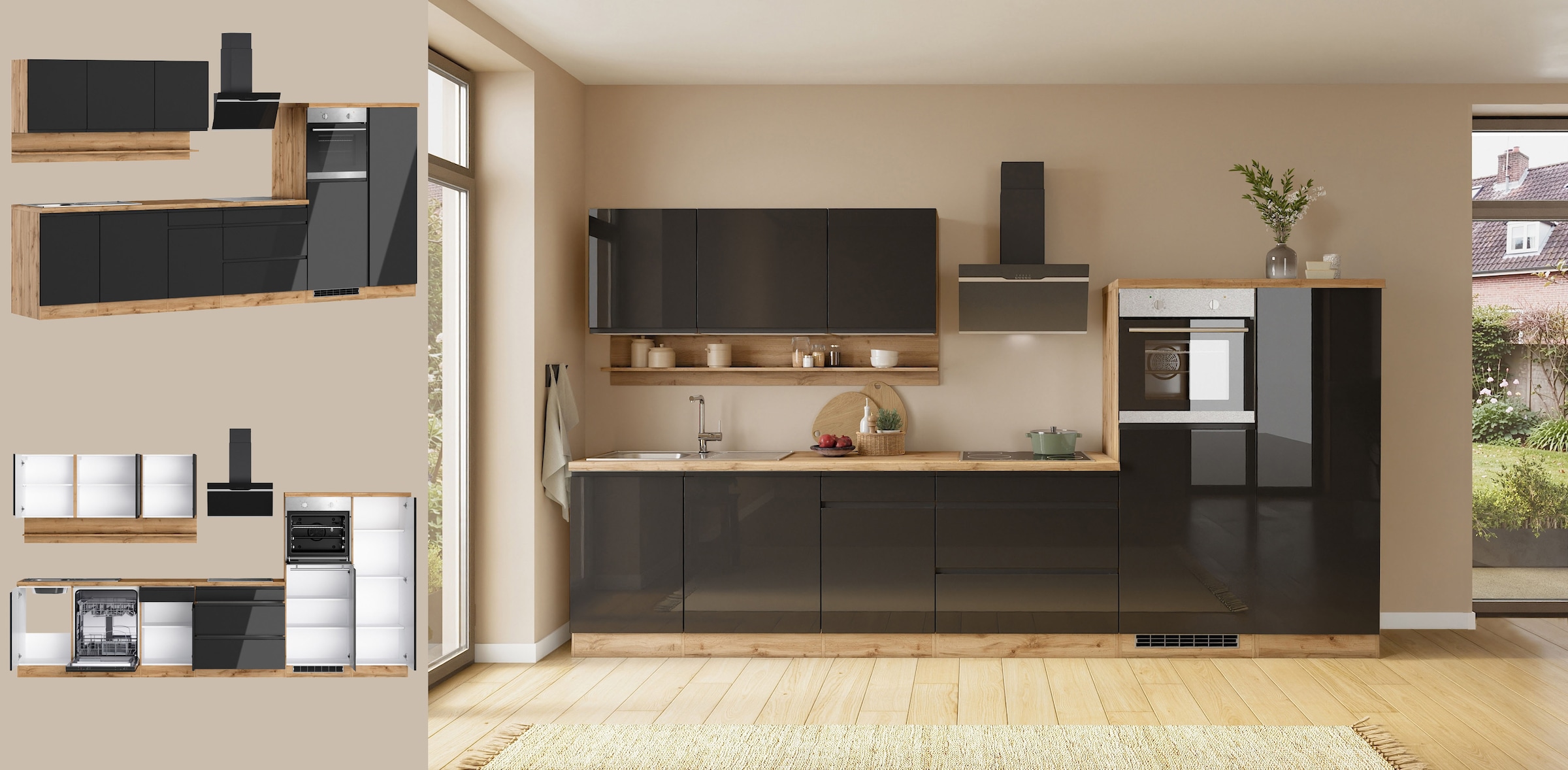 KOCHSTATION Küchenzeile »KS-Virginia,neu in verbesserter Ausführung« Arbeitsplatte 38 mm stark, Stauraum, Softclose,  Breite 350 cm, Soft-Close, ohne E-Geräte