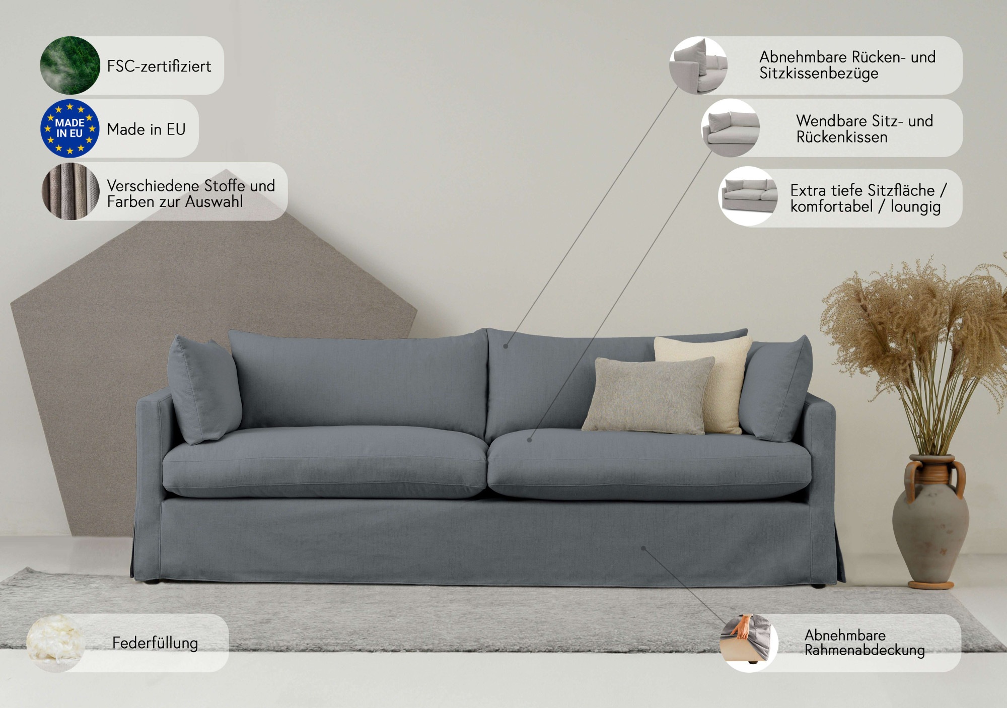 andas 3-Sitzer »Joucas, Hussensofa, Breite 244 cm«, (1 St.), extra tiefe Sitzfläche, mit Faserball-Füllung für mehr Sitzkomfort
