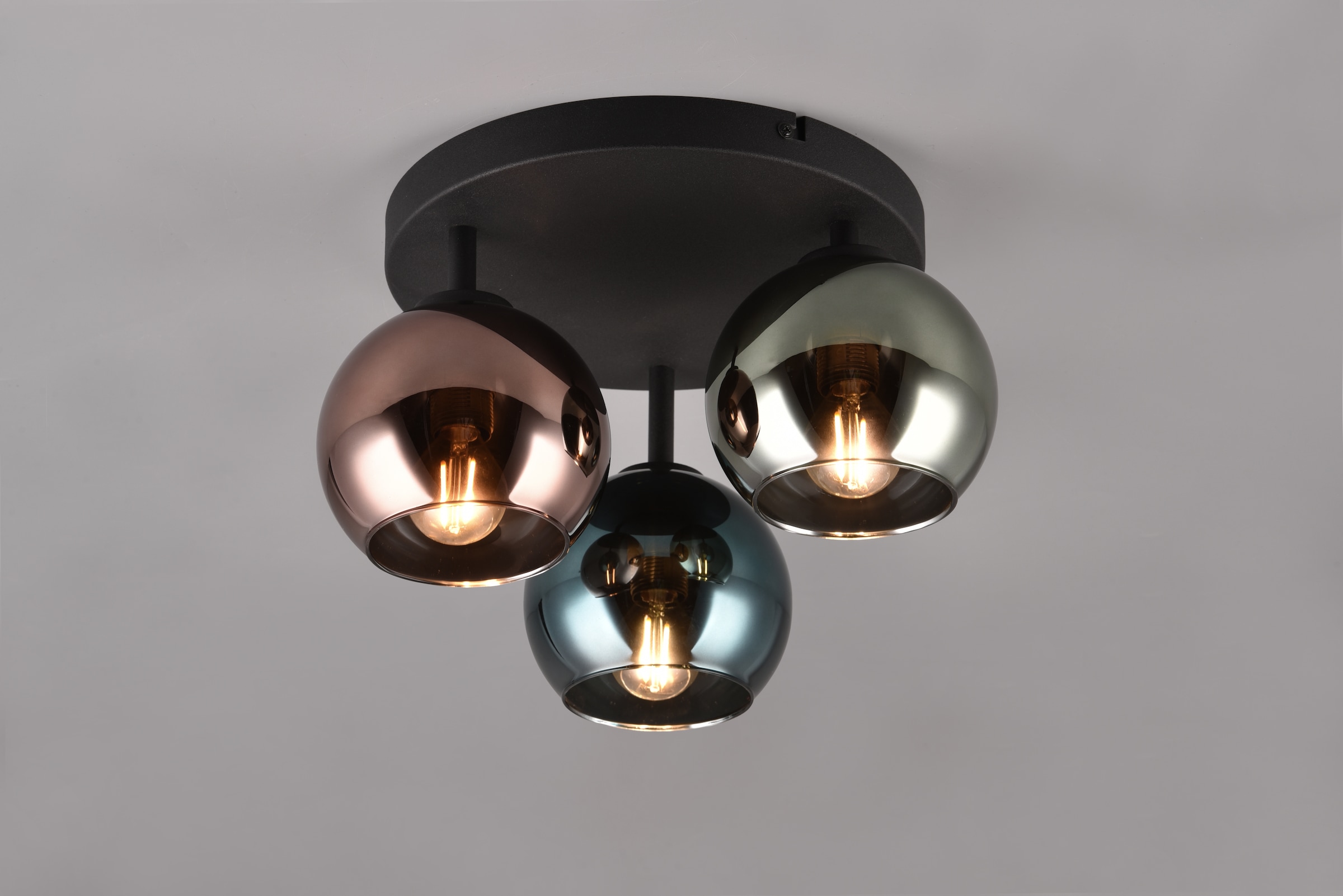 REALITY Leuchten Deckenleuchte »SHELDON, Deckenlampe 3-flammig exkl 3x E14 max 10W Glasschirme bunt«, 3 flammig, Leuchtmittel E14 | Leuchtmittel wechselbar, Ø gesamt 33cm, Deckenleuchte blau grün + kupfer Glas verspiegelt