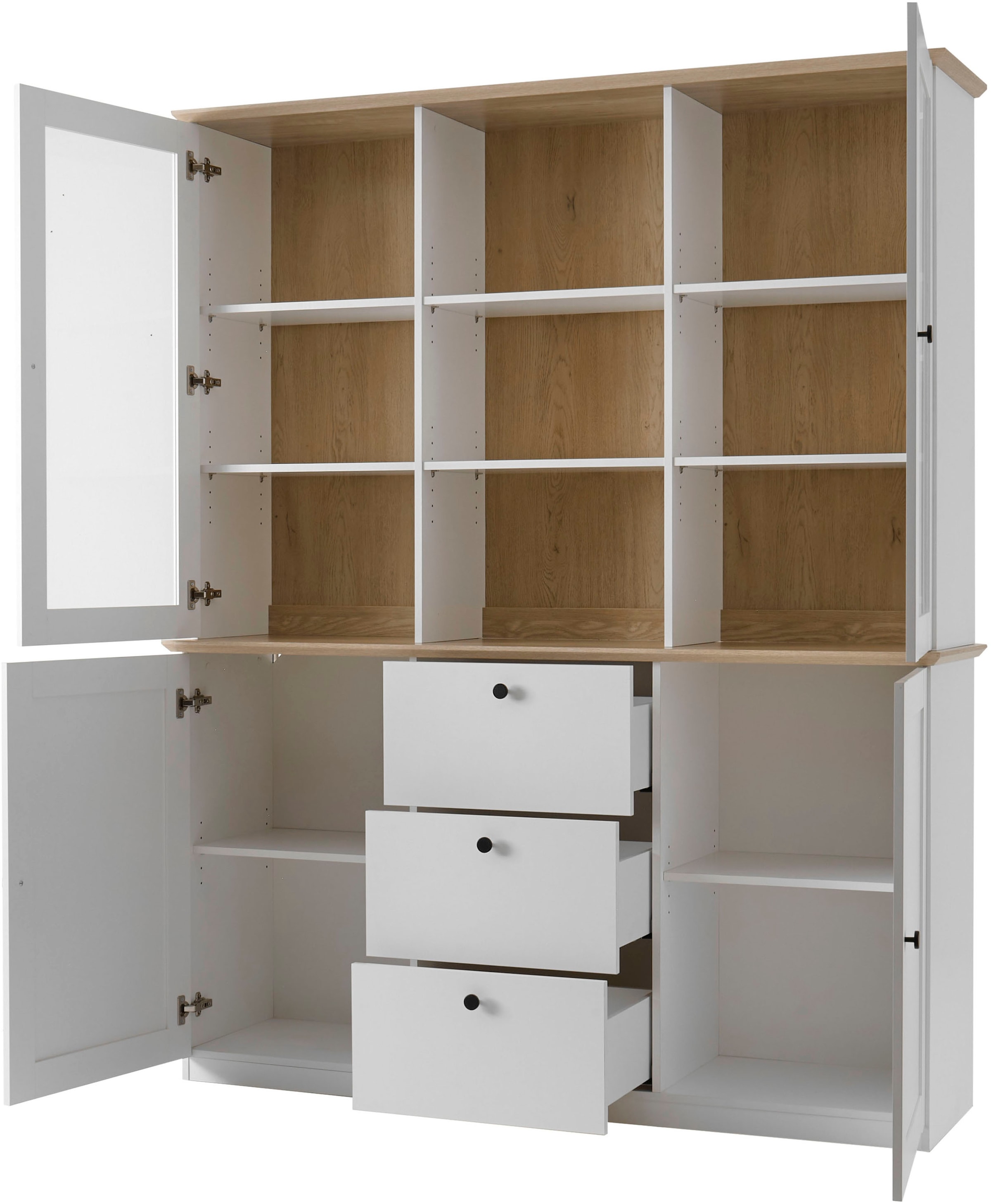 OTTO home Buffet »Brest, Hochschrank im Landhausstil, Schrank, Küchenschrank« schwarze Metallgriffe, viel Stauraum, Glastüren, 164 cm breit