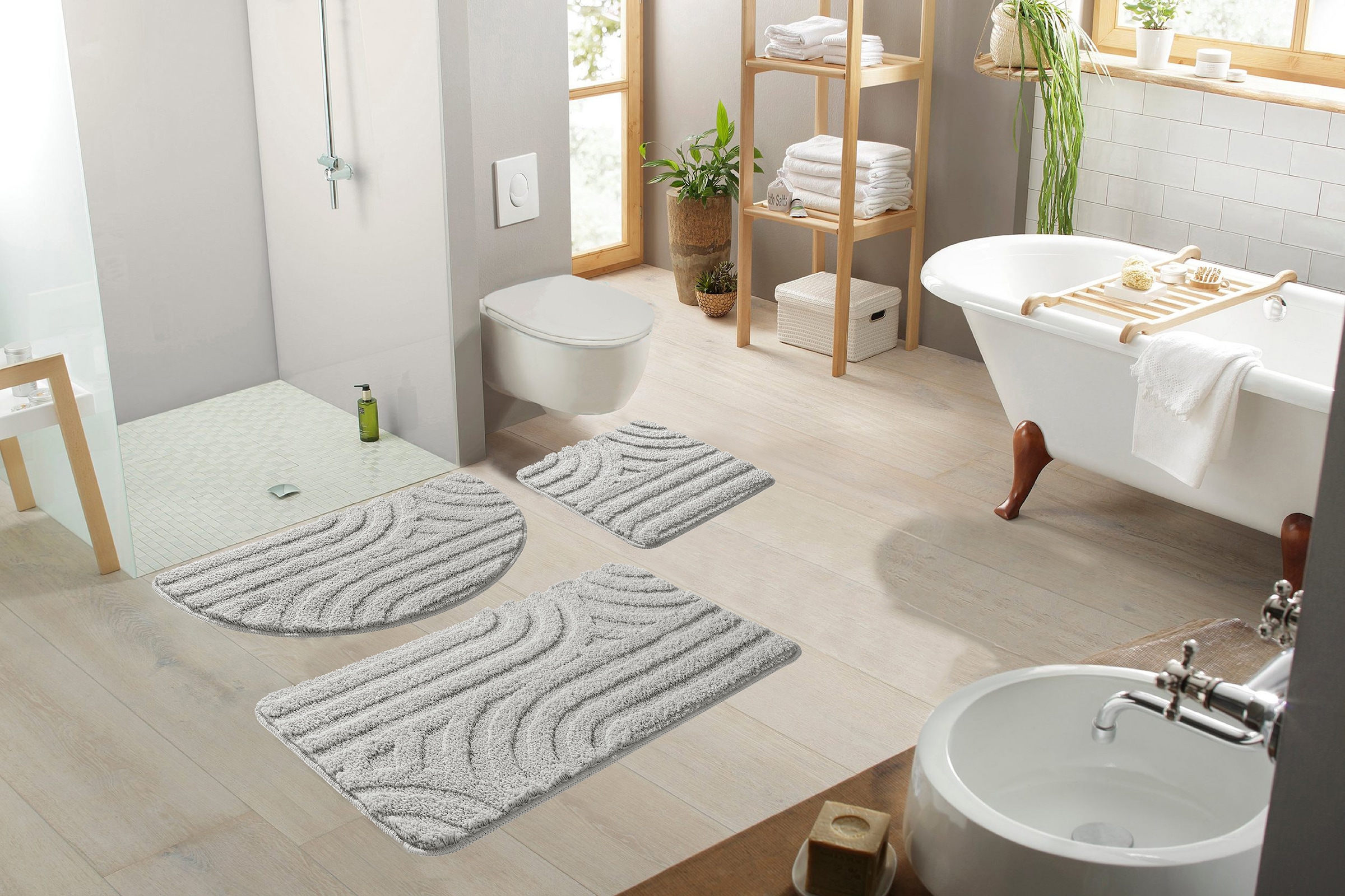 my home Badematte »Sanremo Scandi, Badvorleger, Badezimmer Teppich, Duschvorleger«, rutschhemmend beschichtet, strapazierfähig, Badteppich, Uni Farben, Hoch-Tief-Effekt, modernes Muster, Boho