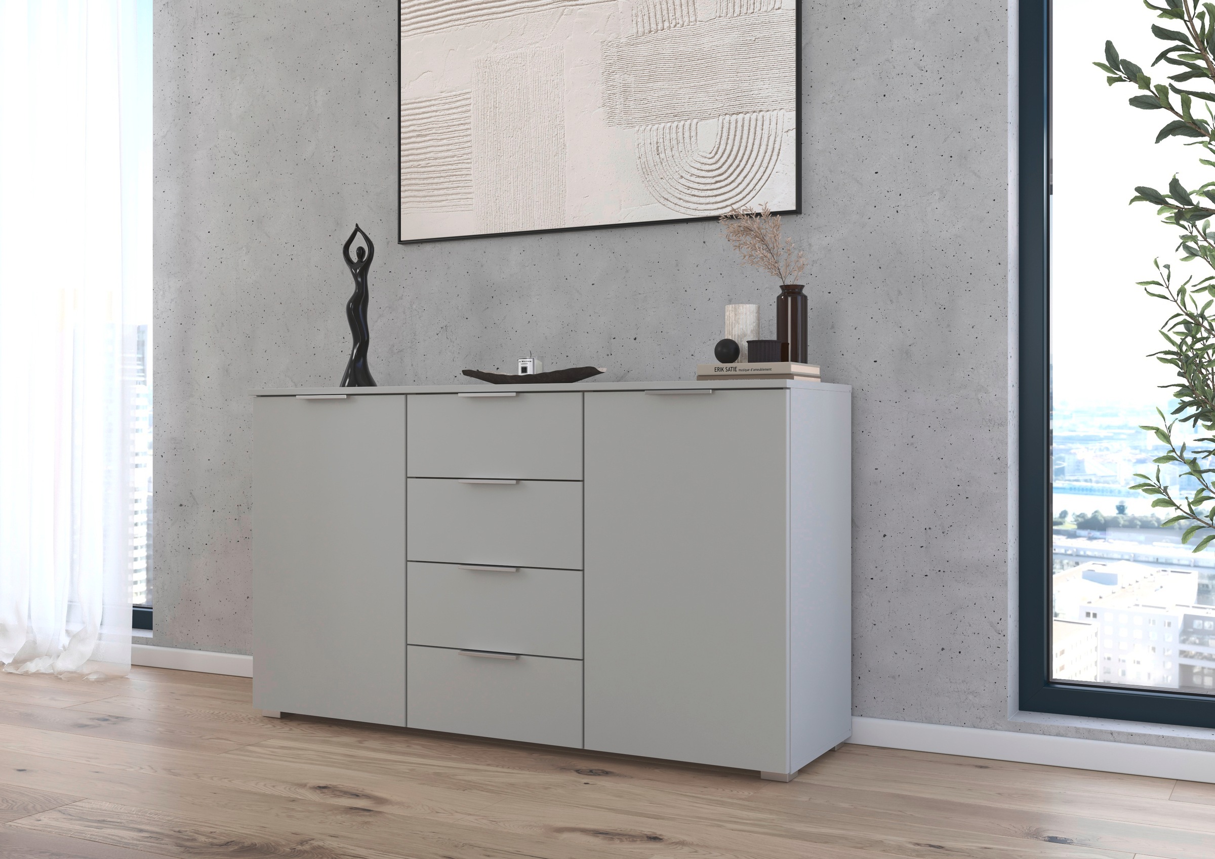 rauch Kombikommode »Sideboard Schubladenkommode AGORDO mit Dekor- oder Hochglanzfront«, (in zwei Griff-Farben), mit 4 Schubkästen und 2 Türen sowie Metallgriffen MADE IN GERMANY