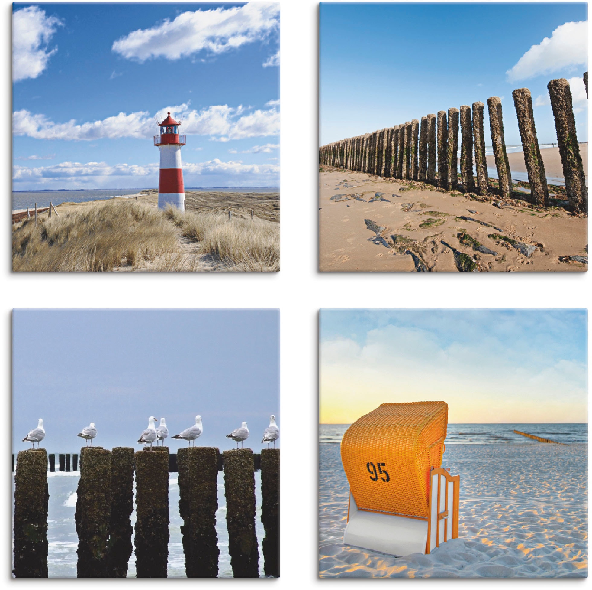 Leinwandbild »Leuchtturm Sylt Strand Möven Strandkorb«, Strand, (4 St.), 4er Set,...