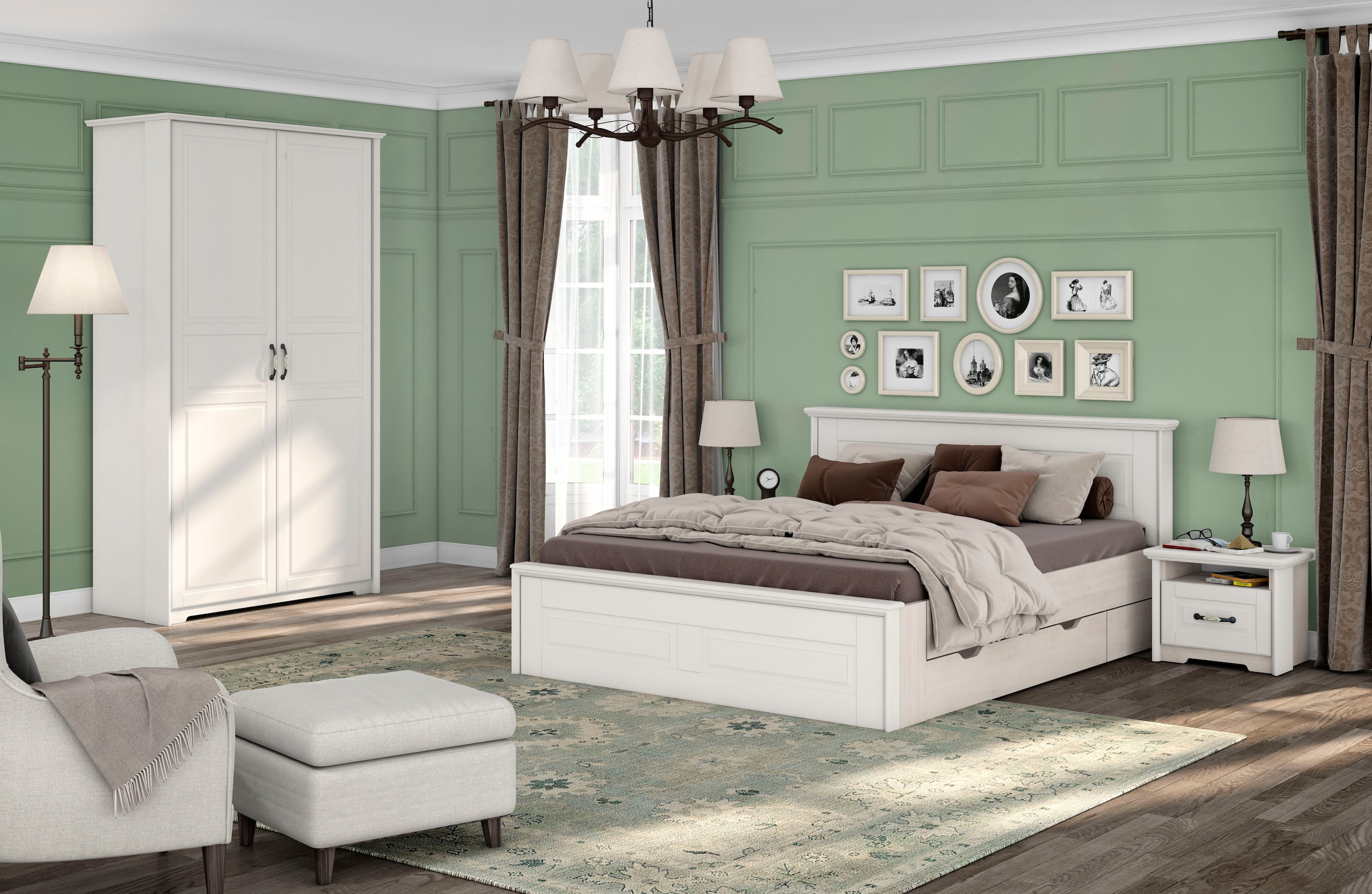 Home affaire Kleiderschrank »Evergreen, wahlweise in 3 Breiten, Höhe 224cm!«, (besonders dekorierter Metallgriff, Kasettenoptik in der Front), im klassischen Landhausstil,FSC-zertifiziert,hochwertige UV Lackierung