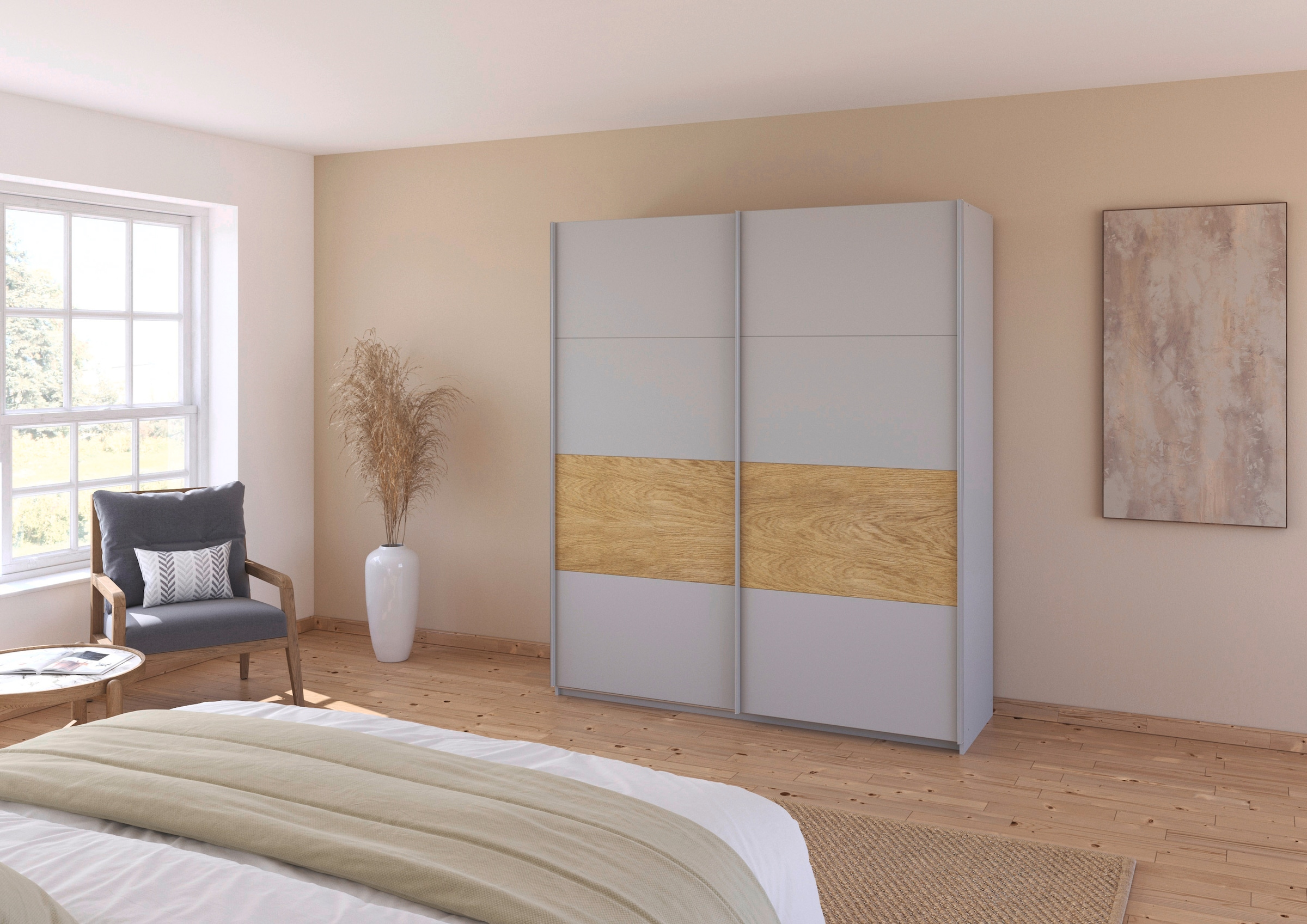 rauch Schwebetürenschrank »Kleiderschrank Schrank Garderobe Schlafzimmerschrank MALVA« Bauchbinde abgesetzt in gebürstetem Eiche Furnier MADE IN GERMANY