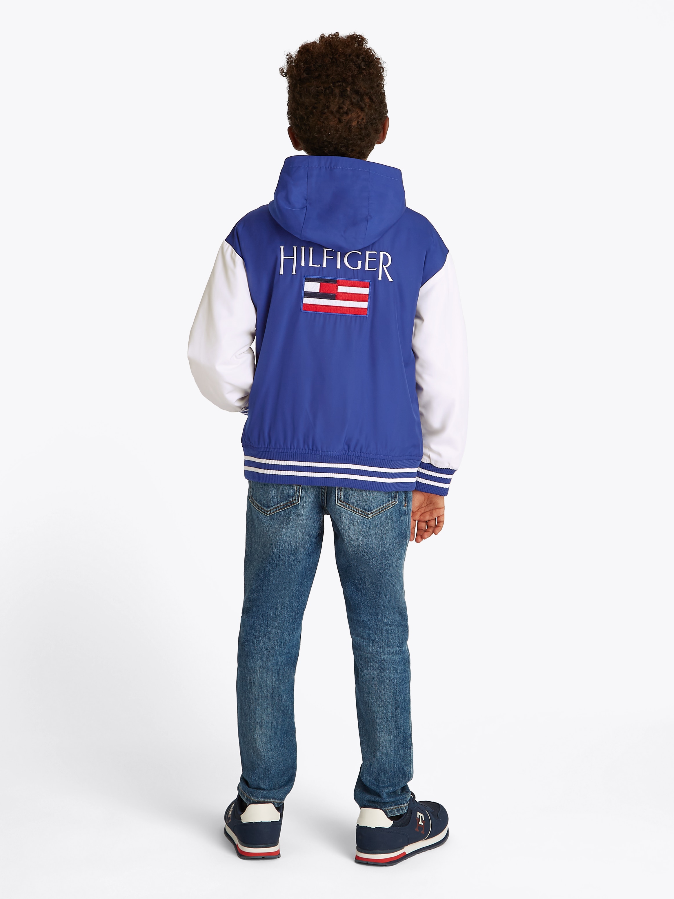 Tommy Hilfiger Bomberjacke »HOODED GRAPHIC BOMBER«, mit Kapuze, mit großem Logo, Kontrast-Streifen