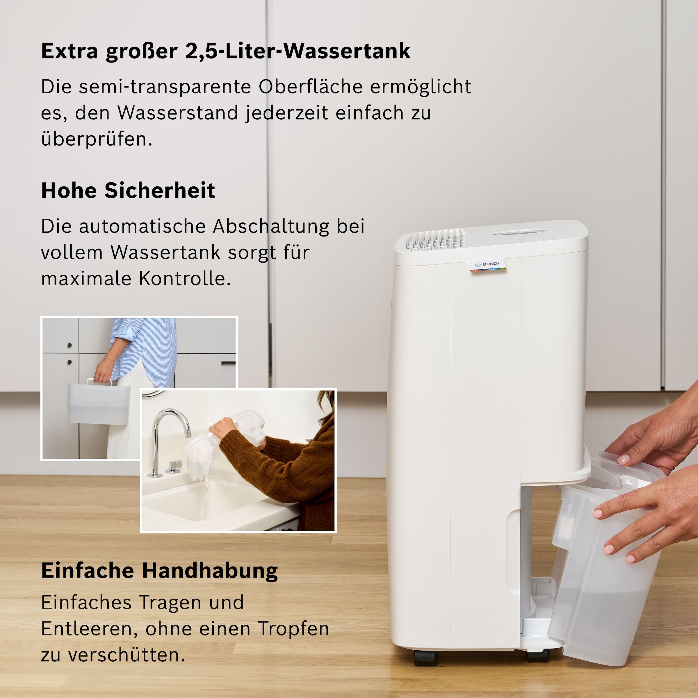 BOSCH Luftentfeuchter »Dry 1000 - Ideal für die Wohnung & schnelle Trocknung der Wäsche« Entfeuchtung 10 l/Tag Tank 2,5 l Ultra-leiser Betrieb; nur 34 dB(A)