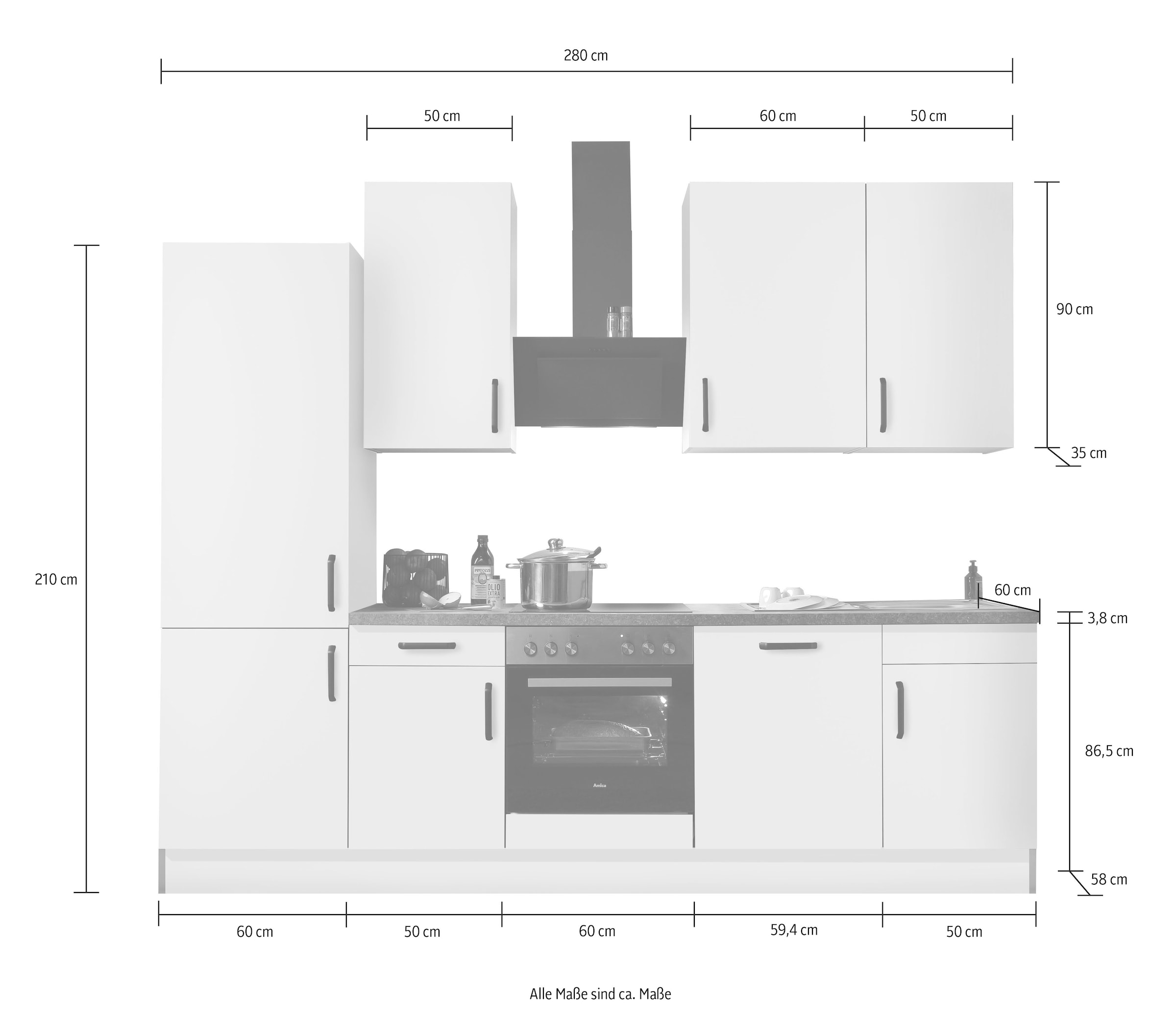 wiho Küchen Küchenzeile »"Simi", mit verstellbaren Füßen, Breite 280 cm,«, wahlweise mit E-Geräten, Soft-Close-Funktion in Schubkästen & Auszügen
