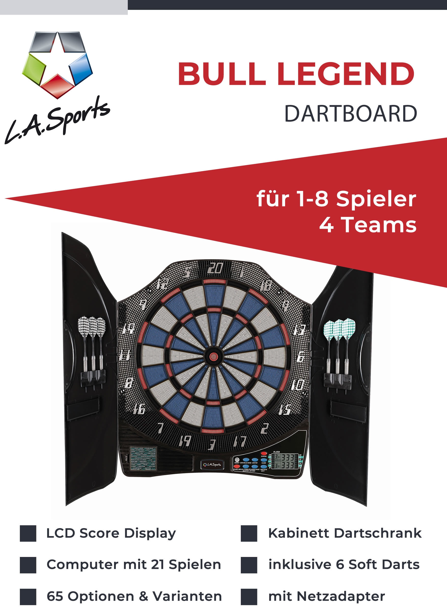 L.A. Sports Dartautomat »Elektronische Dartscheibe 1-8 Spieler«, (mit Dartpfeilen)