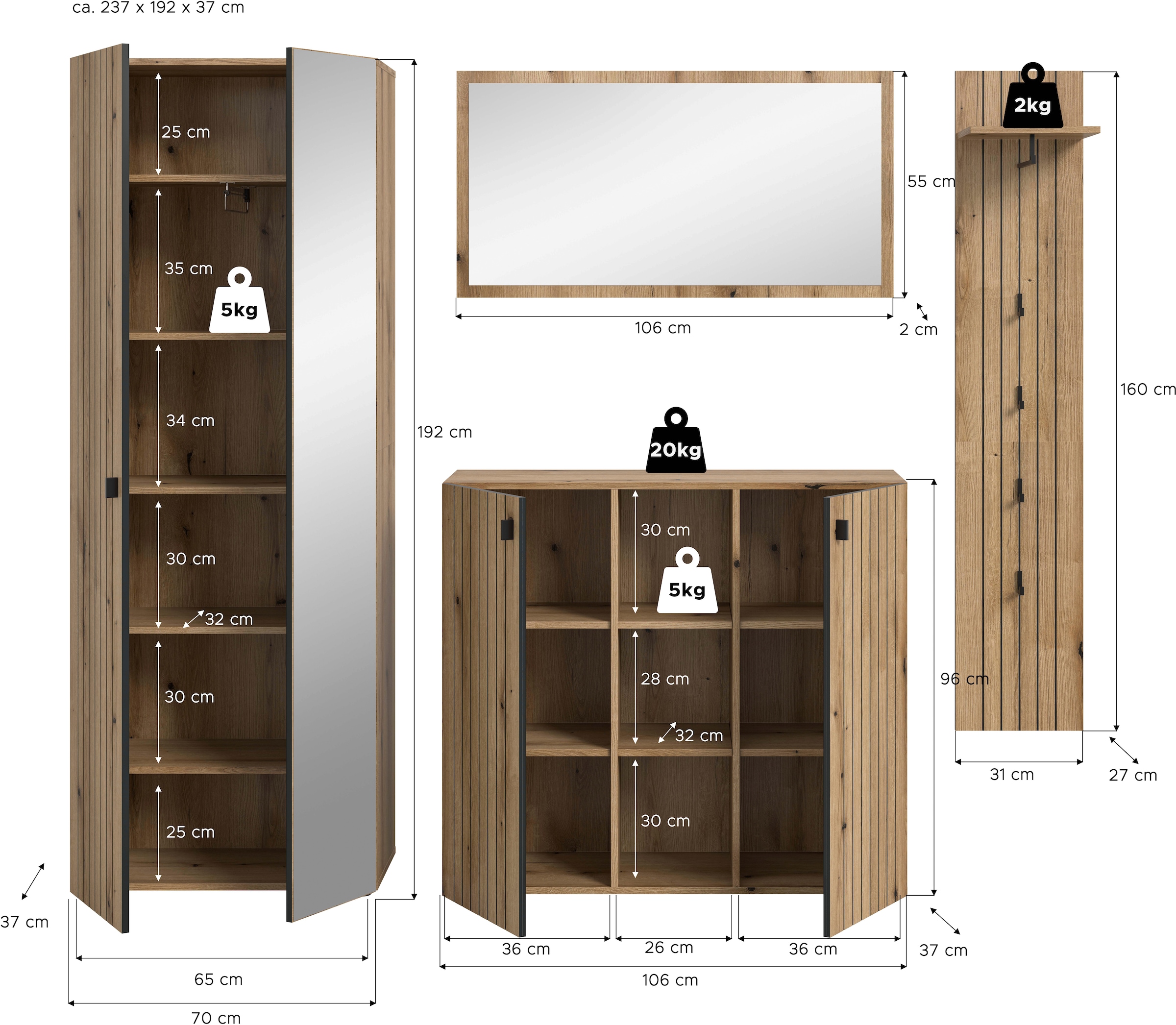 INOSIGN Garderoben-Set »TATIO, 4-tlg. Garderobenkombination, Breite: 237 cm, Rillenfräsung« Set, 1 Spiegel, 1 Garderobenschrank, 1 Schuhkommode, 1 Garderobenpaneel, 4 Stk. tlg.