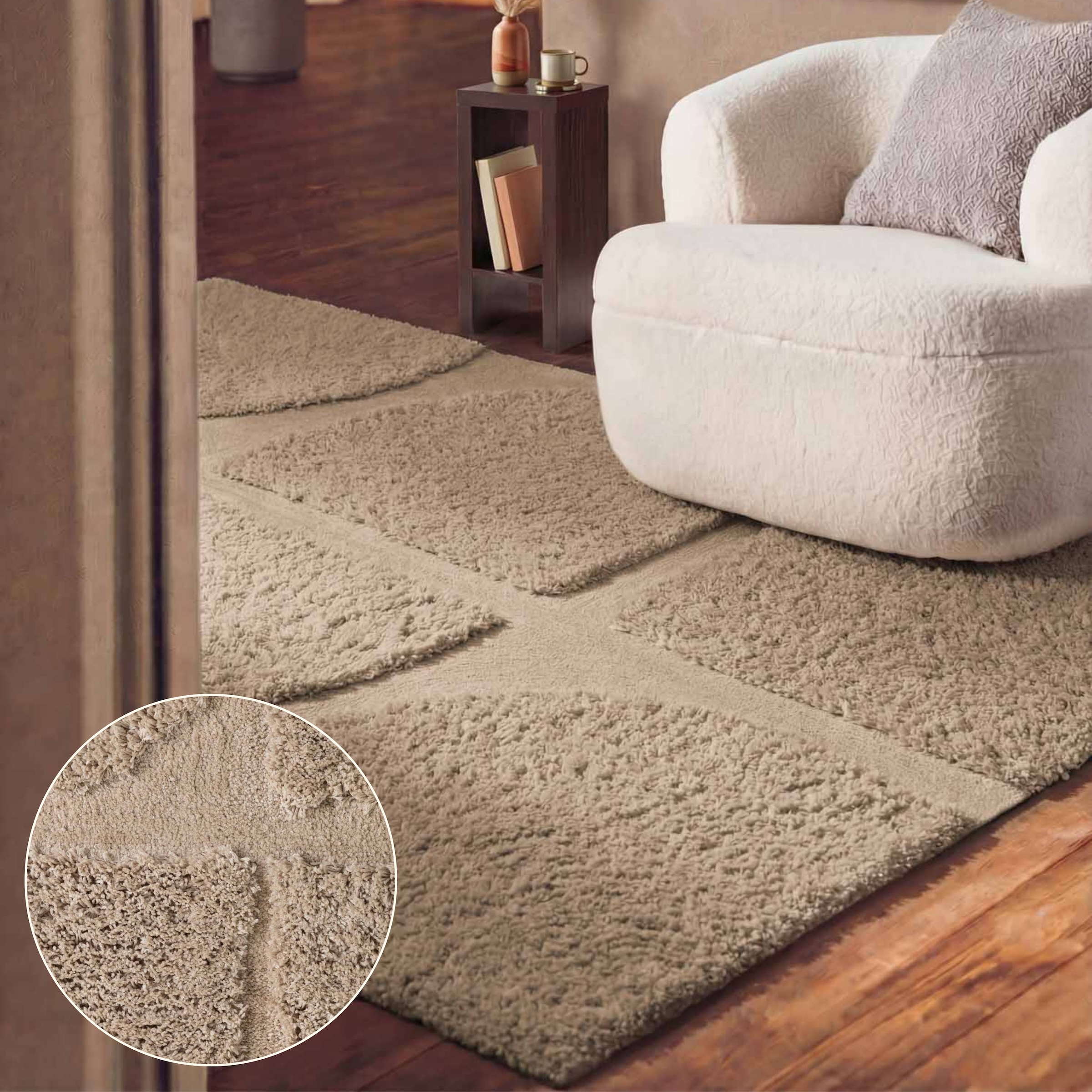 Ted Baker Lambeth High Pile Rug Jasper Geometric Living Room Rug in Beige | Size: 80cm x 150cm
