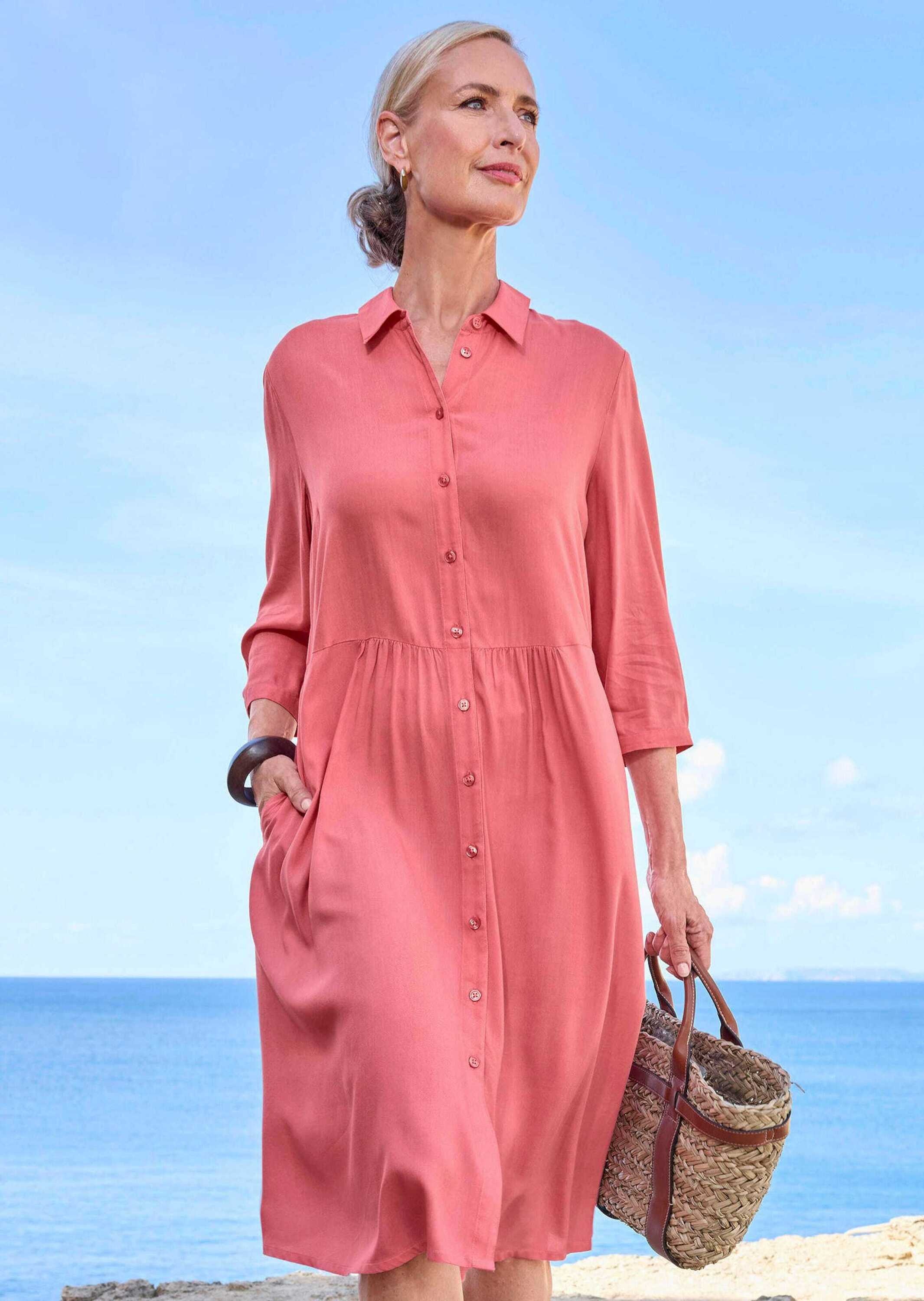 GOLDNER Sommerkleid »Kurzgröße Midi Hemdkleid mit Knopfleiste« Eingrifftaschen Taillennaht