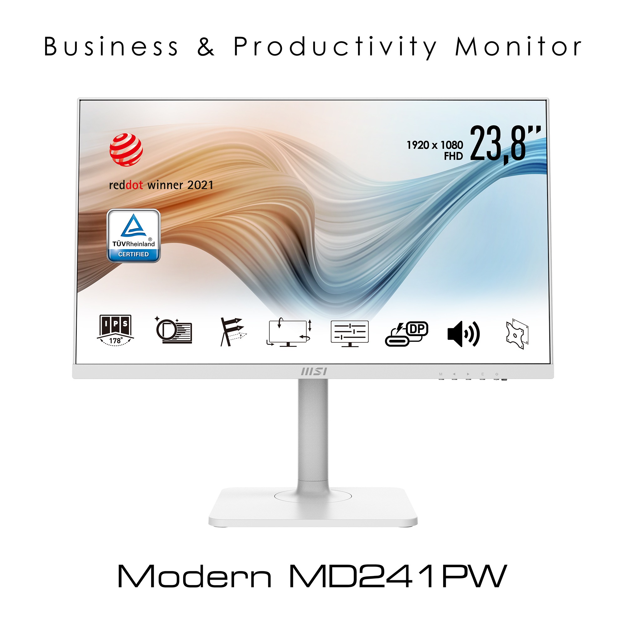 MSI LED-Monitor »Modern MD241PW«, 60 cm/24 Zoll, 1920 x 1080 px, Full HD, 5 ms Reaktionszeit, 75 Hz, 3 Jahre Herstellergarantie, höhenverstellbar, USB-C