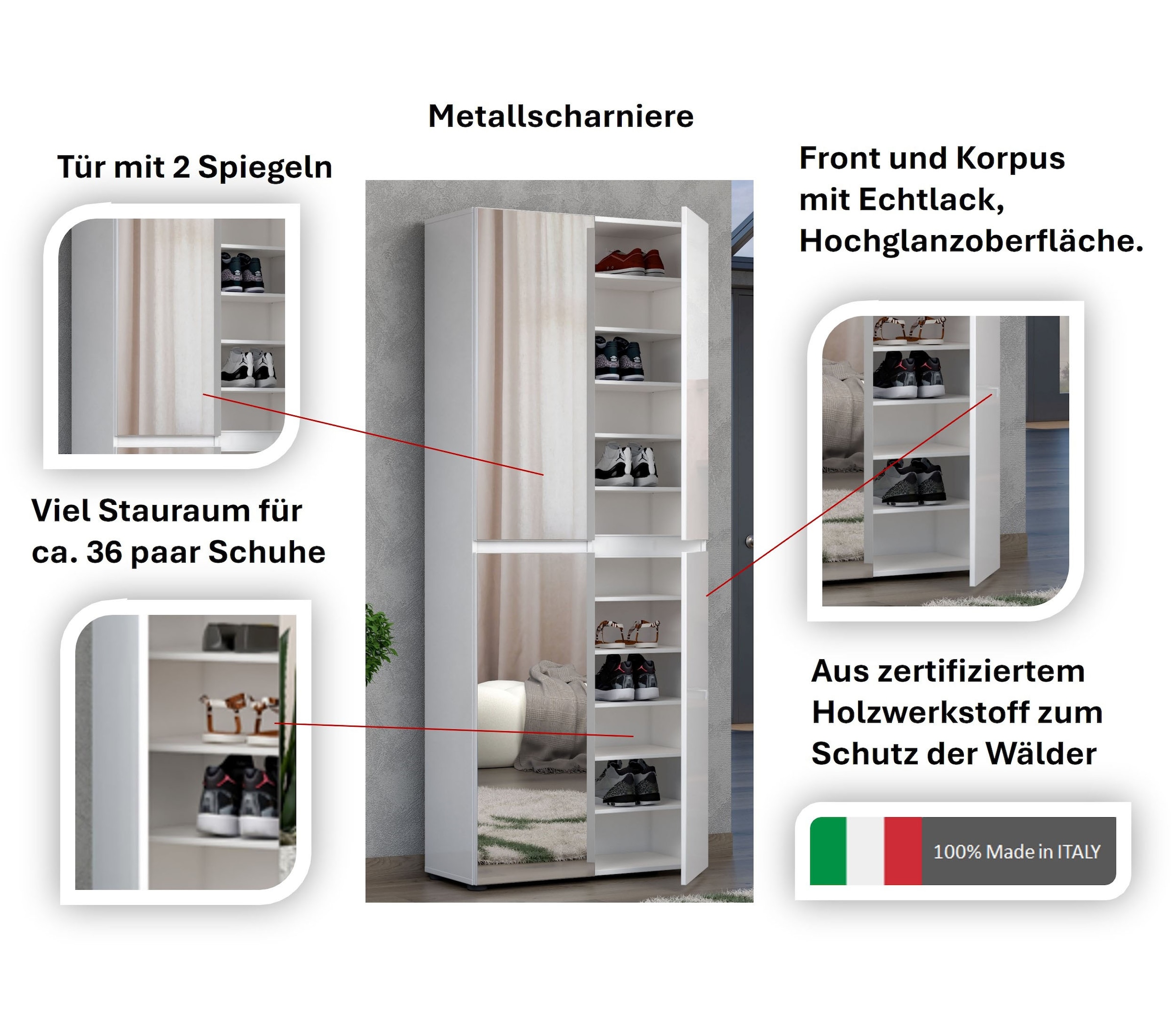 INOSIGN Schuhschrank »Mister,Schuhkommode,Schuhmöbel,Schuhablage,Schuhregal«, Breite 80 cm, Höhe 200 cm, Tiefe 34 cm, 4 Türen, 12 Fächer, 2 Spiegel