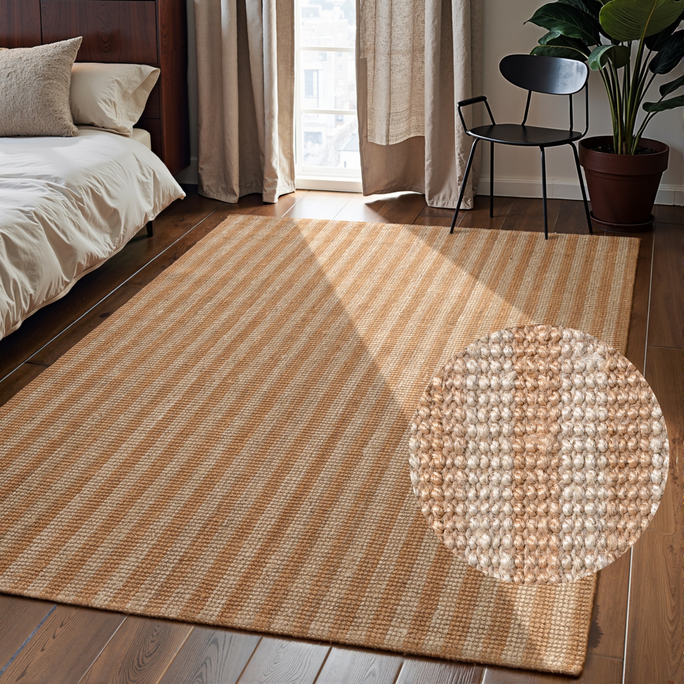 THE RUGS Amber Jute Rug & Runner Hand Woven Natural Fibre Striped 10mm Pile in Cream | Size: 160cm x 230cm