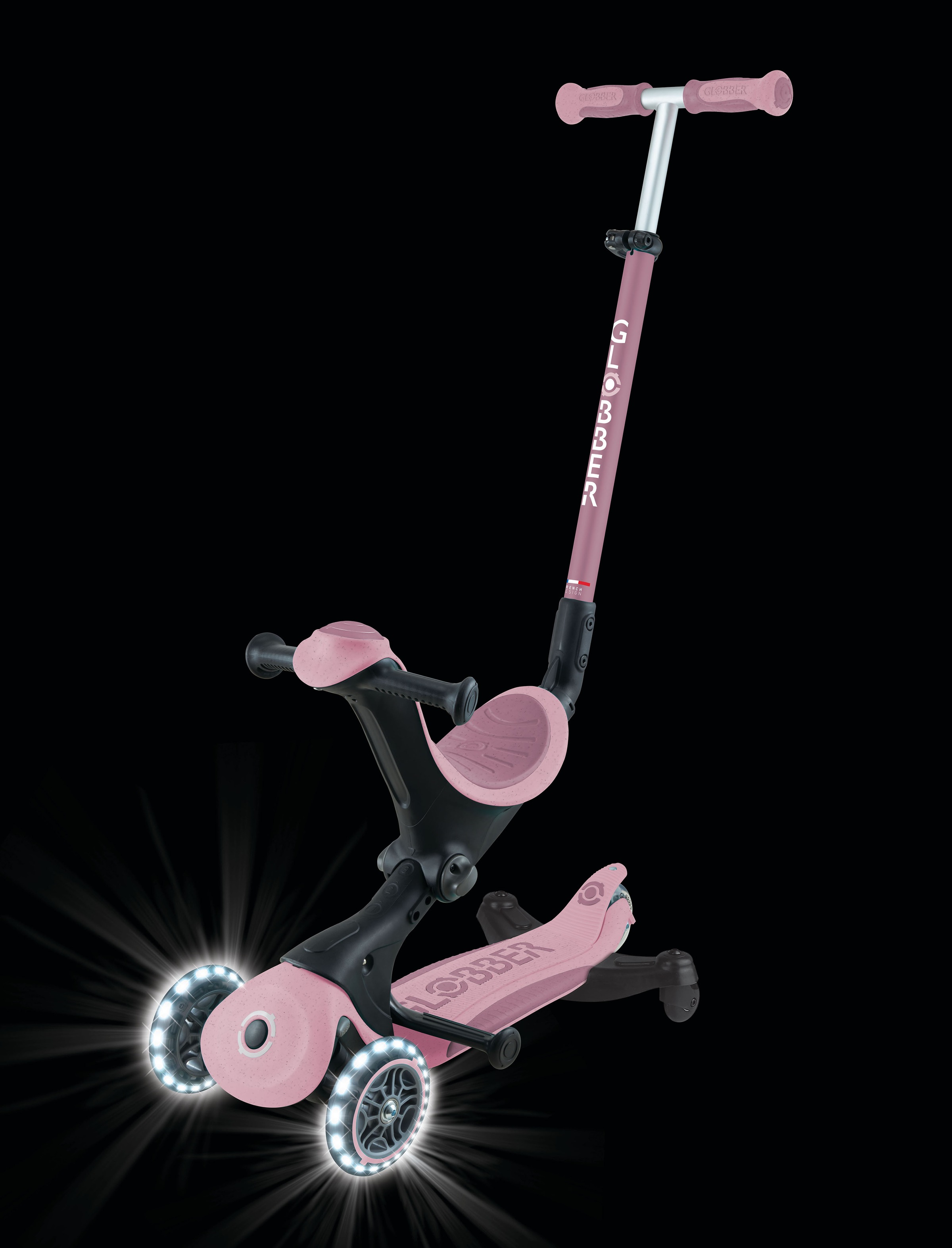 Globber Tretroller »GO-UP DELUXE LIGHTS ECO 360, mit Leuchtrollen« Aufsitzrad mit Schubstange, Laufrad und Scooter