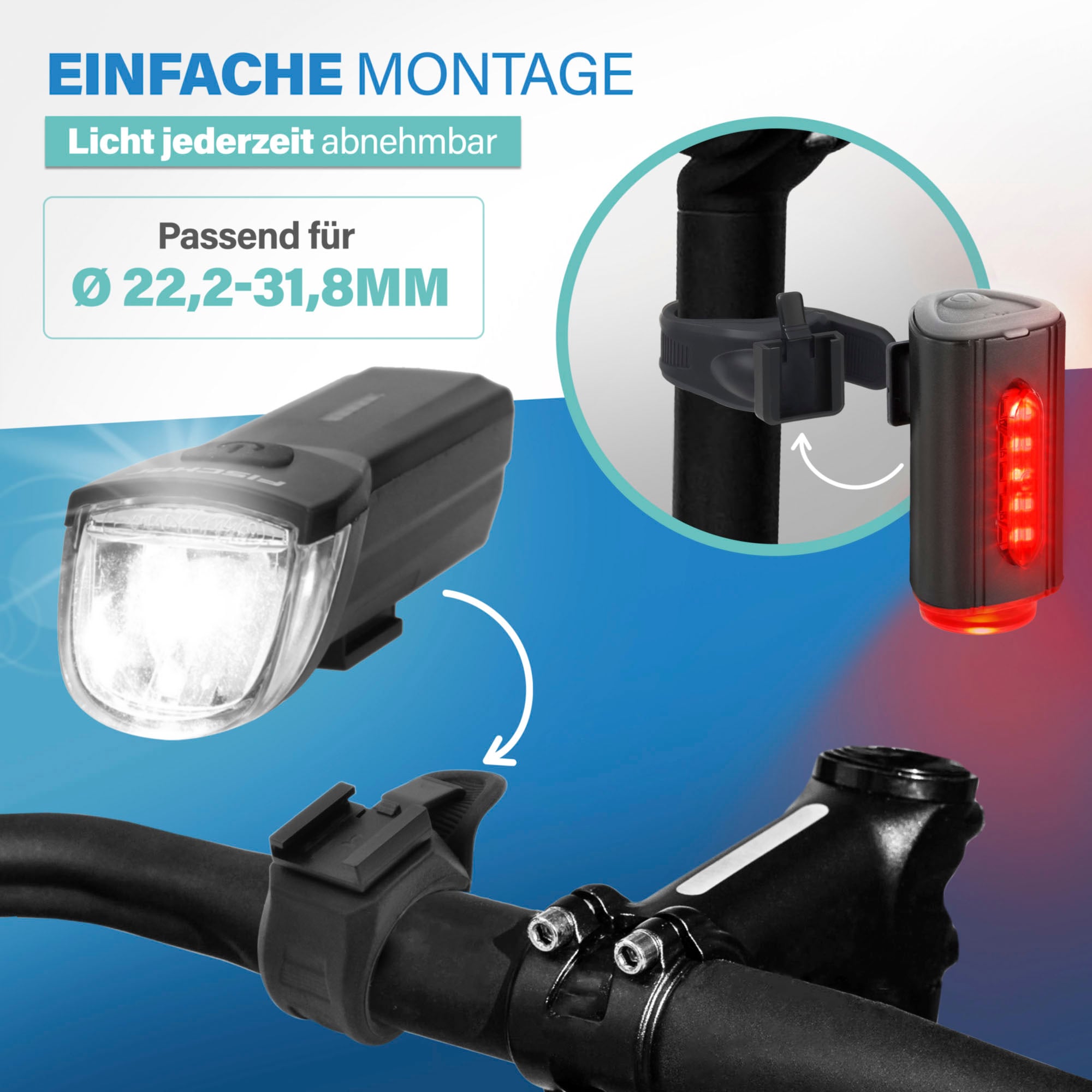 FISCHER Fahrrad Fahrradbeleuchtung »FISCHER LED Beleuchtungsset mit 360Â° Bodenleuchte« mit zusätzlicher Bodenleuchte