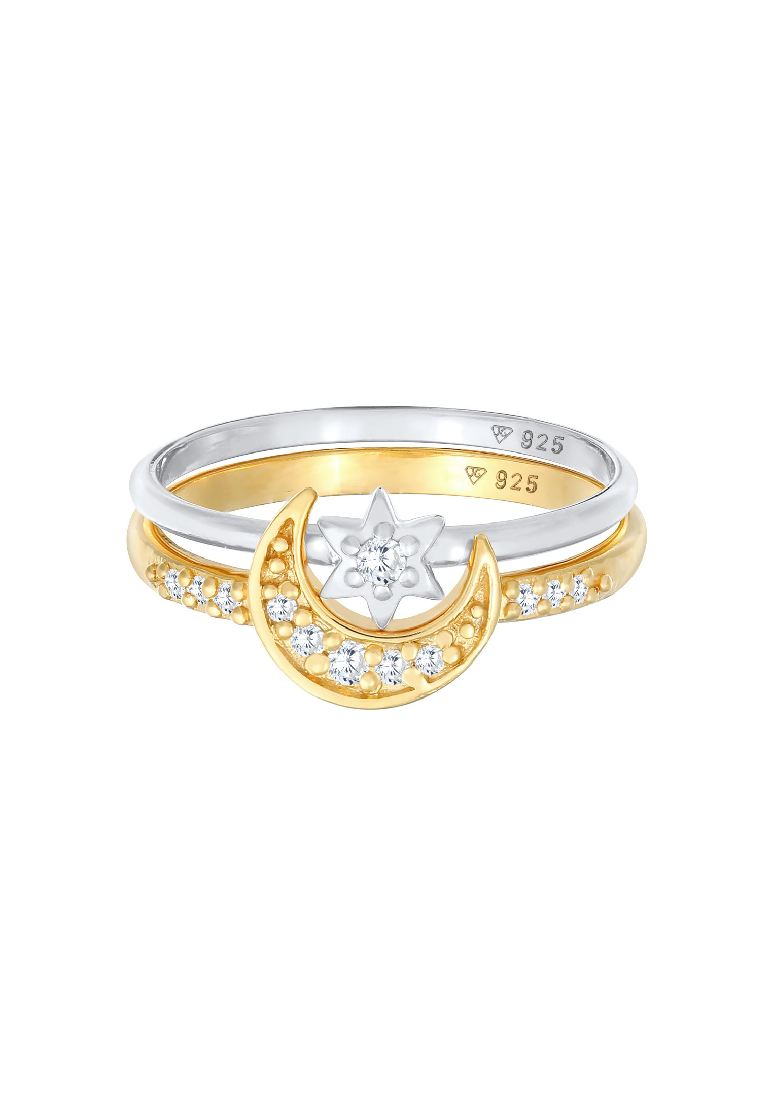Elli Ring-Set »Ring Stern Mond Zirkonia Stapelring 2er Set 925 Silber«