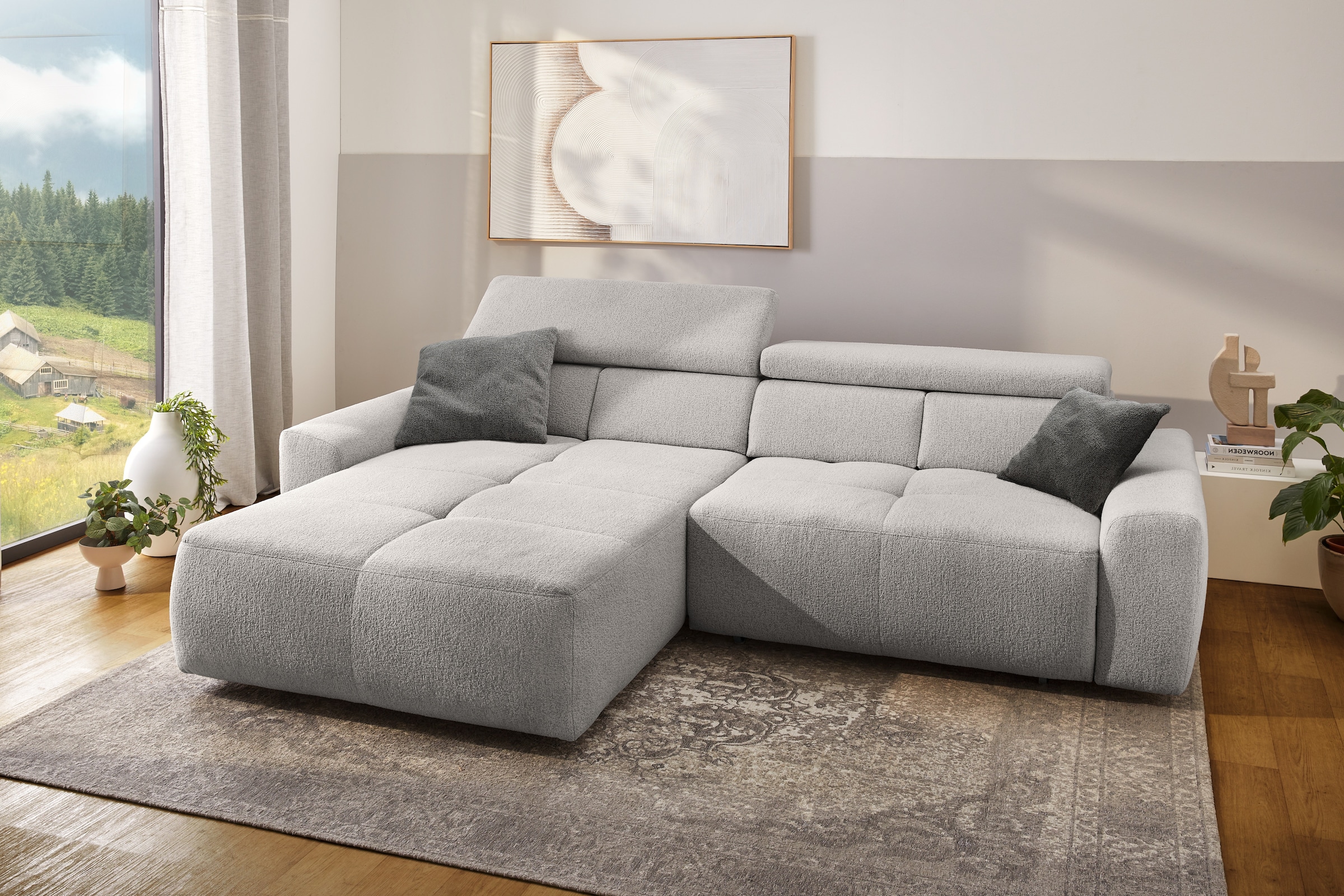 Jockenhöfer Gruppe Ecksofa »Unos L-Form, B: 299 cm, mit 60 cm elektr. Sitztiefenverstellung« 140kg Belastbarkeit, USB-Anschluss, Kopfteilverstellung & Zierkissen