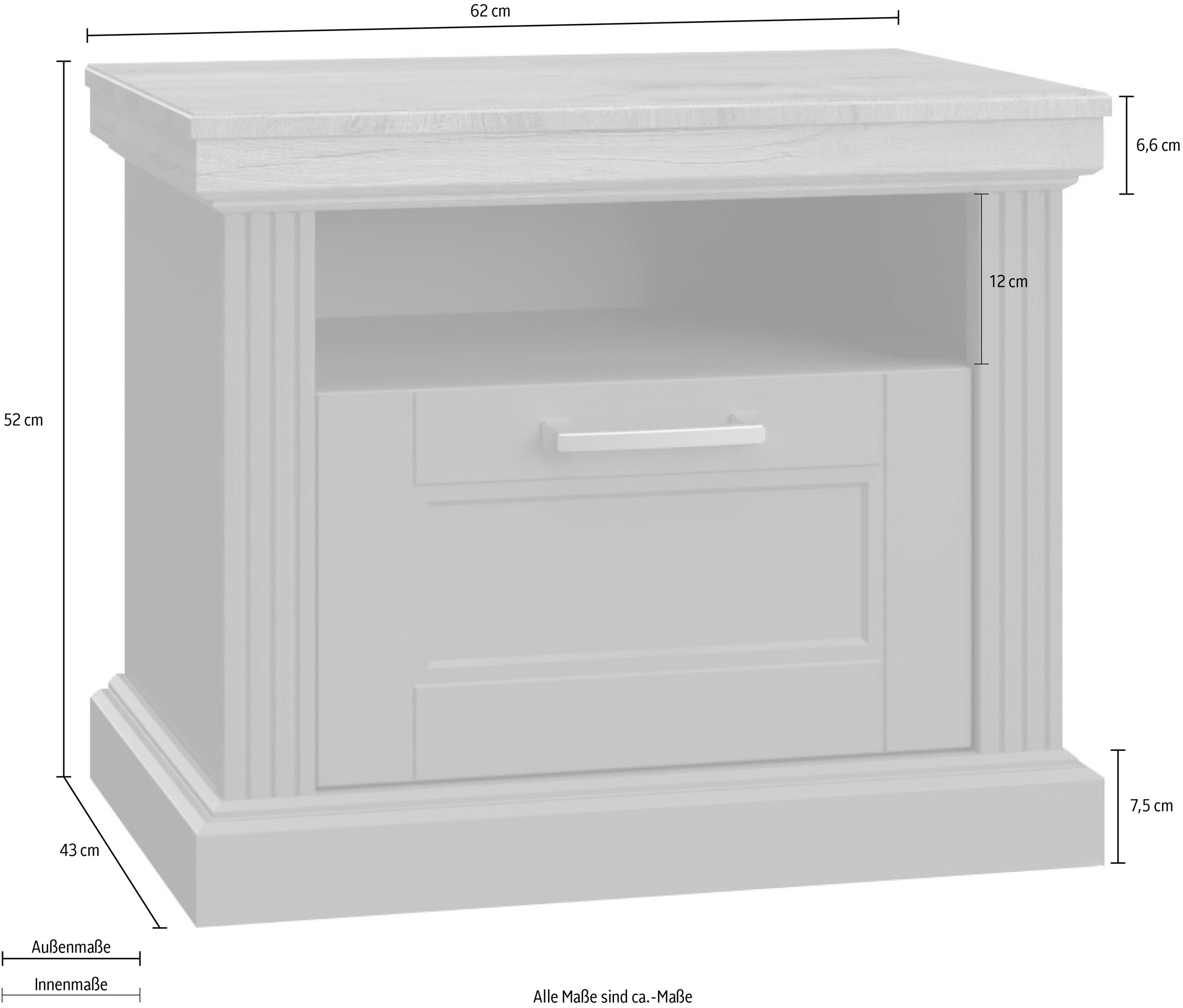 Home affaire Nachtkonsole »Tara, im klassischen Landhausstil, FSC-zertifiziert«, (1 offenes Fach und 1 Schublade mit Metallgriff, Soft-Close-Funktion), lackiert mit wasserbasiertem UV-Lack, 62x43x52cm (BxHxT)