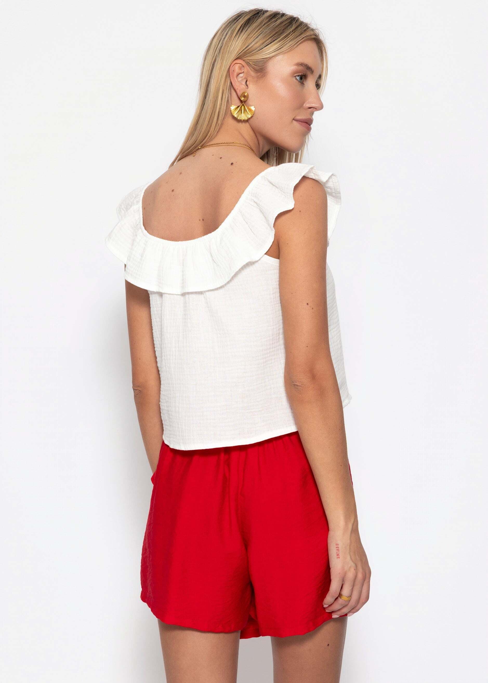 SASSYCLASSY T-Shirt »Musselin Trägertop mit Volants« Luftiges Baumwolltop mit elastischer Ausschnittpartie Weiß