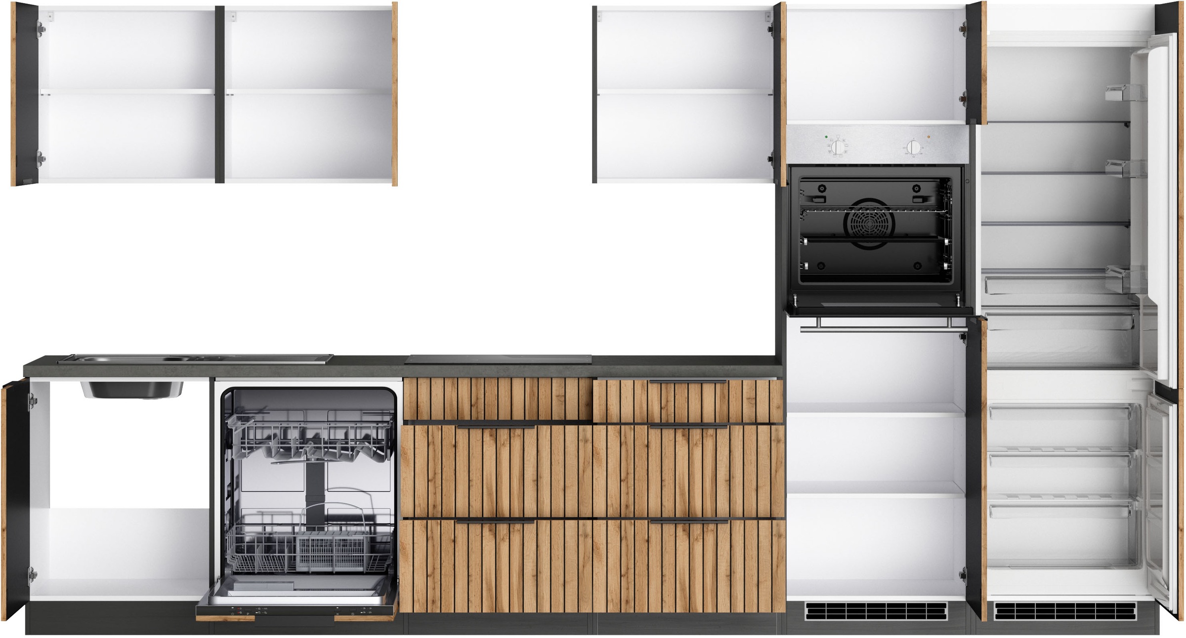 KOCHSTATION Küchenzeile »KS-Lagos, Breite 360 cm, wahlweise mit E-Geräten« Ceran-oder Induktionskochfeld, Spüle edelstahl oder schwarz