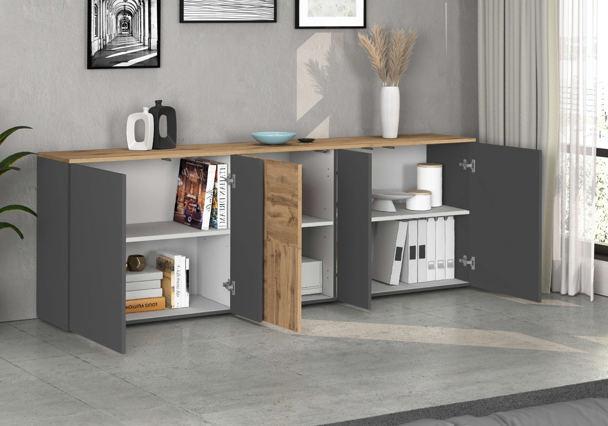 OTTO home Sideboard »ISEO, Kommode, Schrank, Sideboard, Lowboard, 6 Fächer, Breite 200 cm« 1 Stk. tlg. stehend/hängend, 5 Türen, 6 Fächer, Breite 200 cm