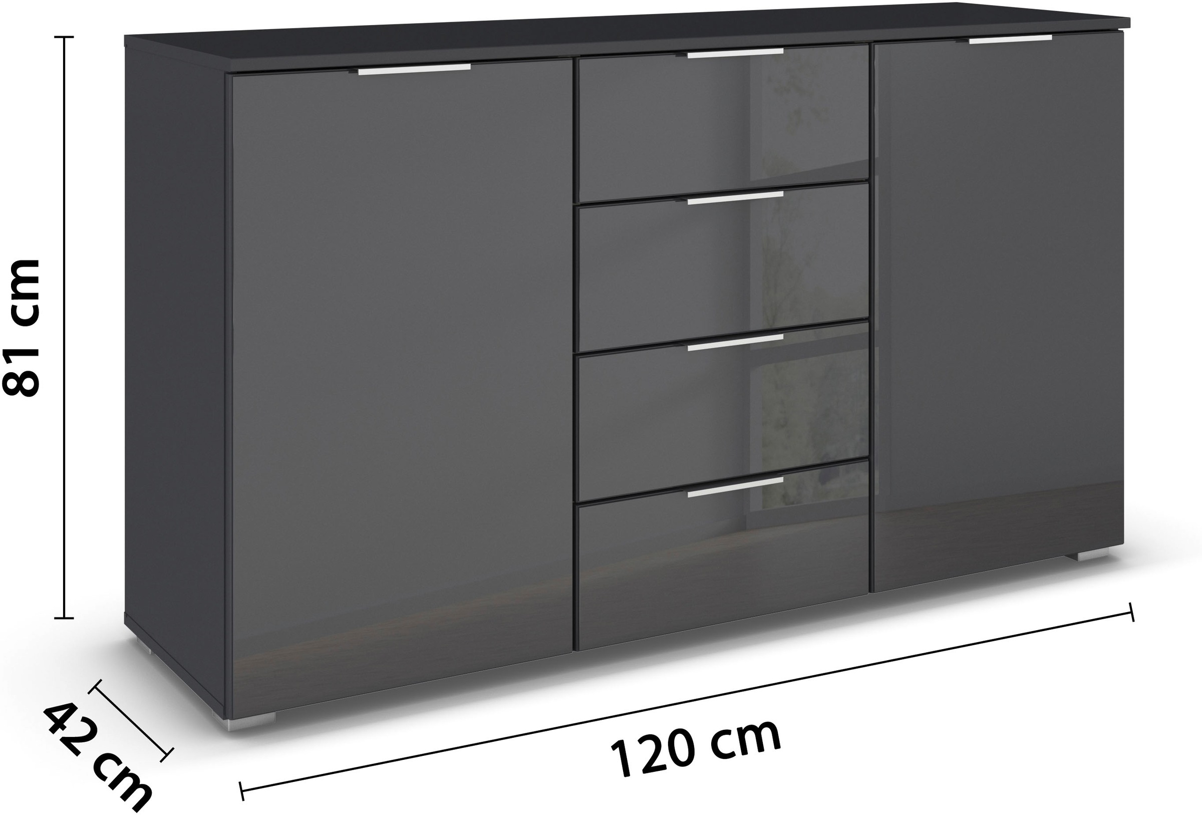 rauch Kombikommode »Sideboard Kombikommode Schubladenkommode AGORDO mit Glasfront«, (in zwei Griff-Farben, Breite 120 cm), vier große Schubladen, mit insgesamt 4 Einlegeböden MADE IN GERMANY