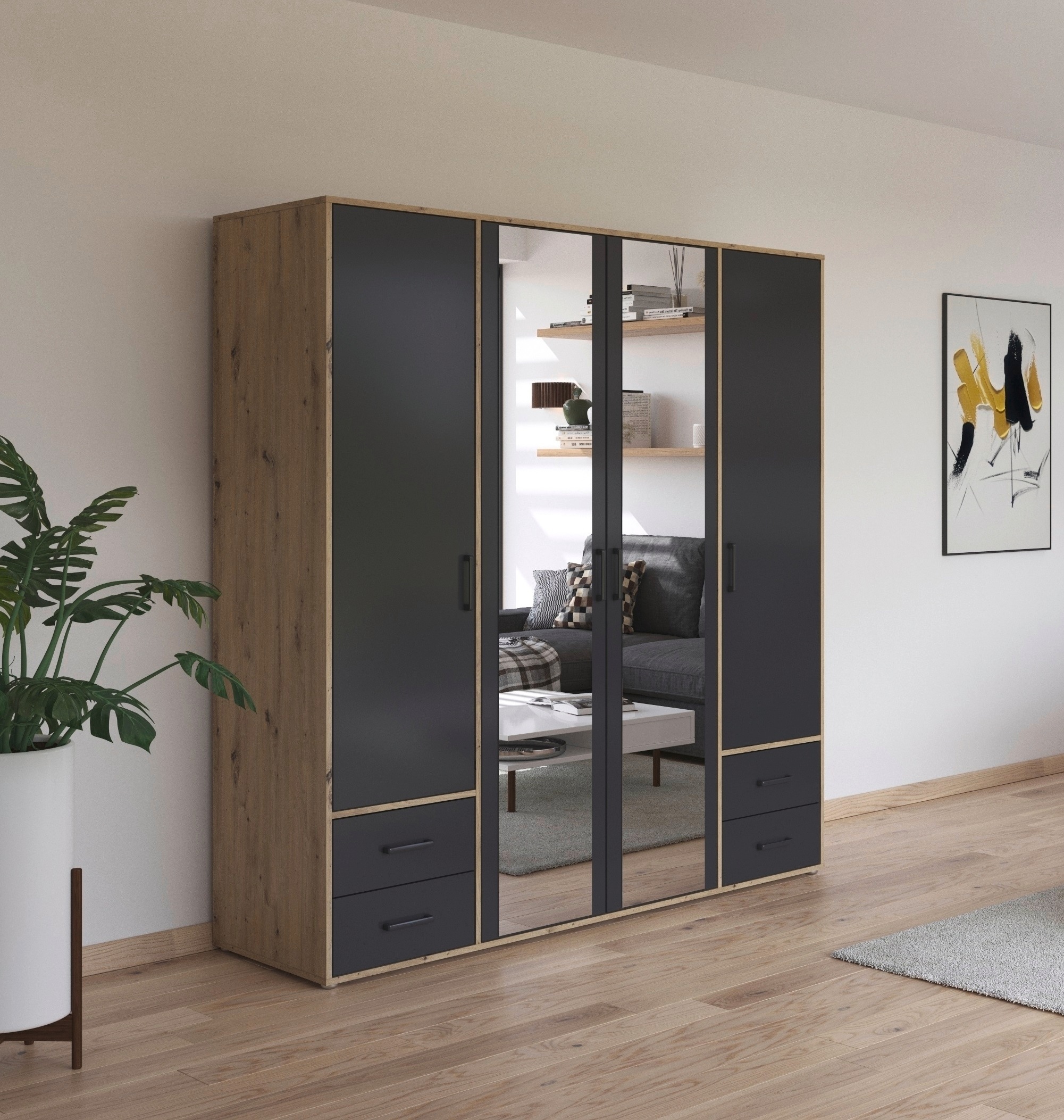 rauch Drehtürenschrank »Kleiderschrank Schrank Garderobe Wäscheschrank VOYAGER«, (in 3 verschiedenen Ausstattungen BASIC/CLASSIC/PREMIUM), mit modernen Griffen in Graumetallic, inkl. Schubkästen und Spiegel